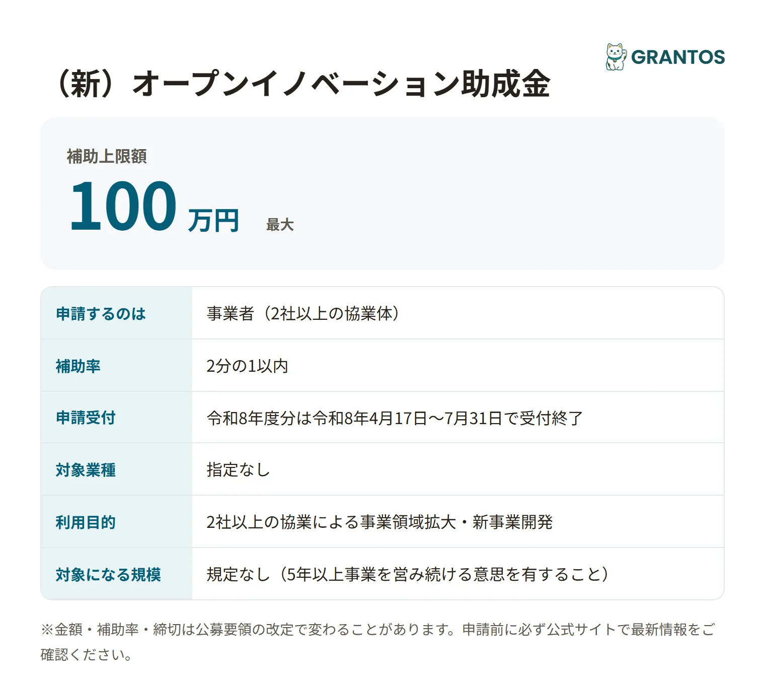 (新)オープンイノベーション助成金の対象・金額・締切の概要