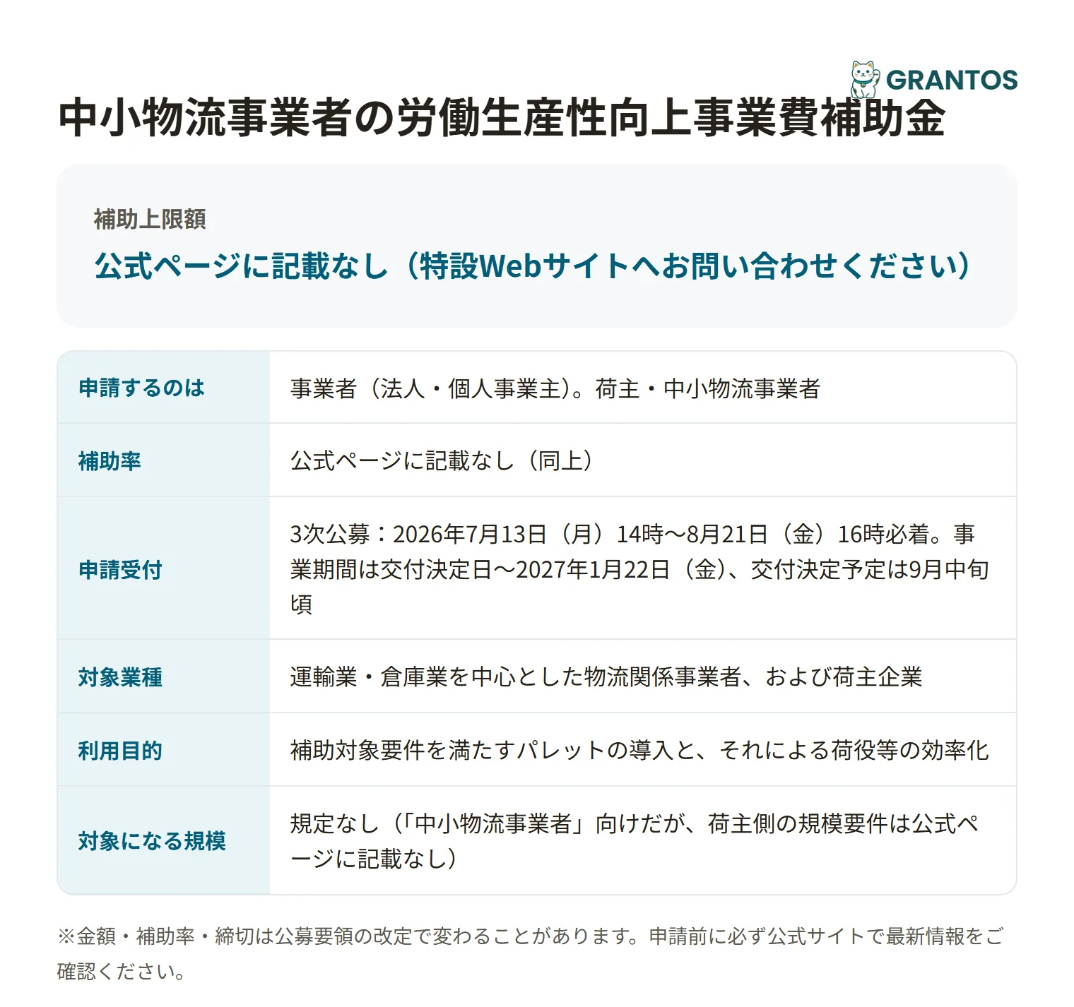 標準仕様パレット導入補助の対象・金額・締切の概要