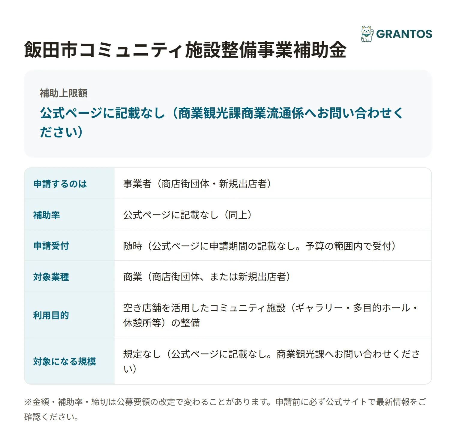 飯田市コミュニティ施設整備事業補助金の対象・金額・締切の概要