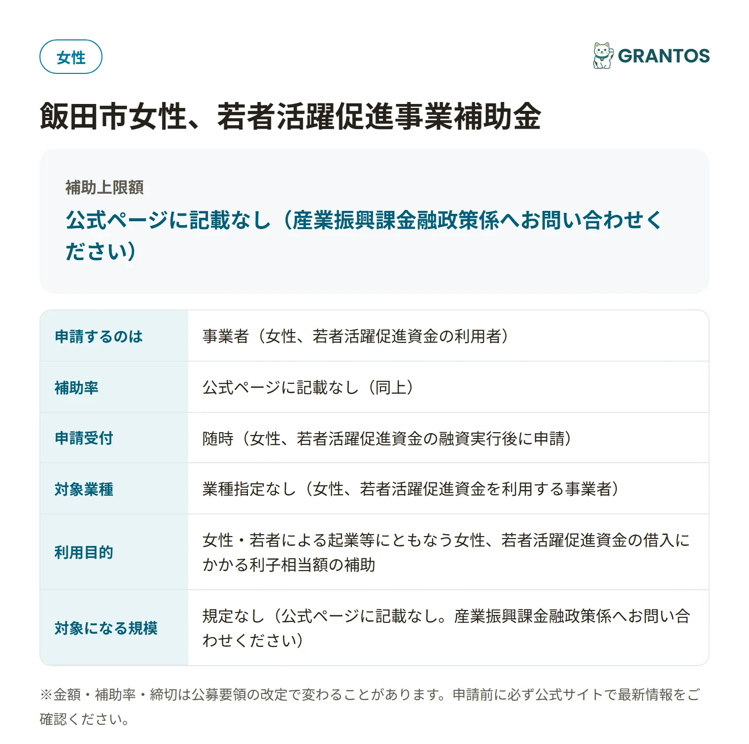 飯田市女性、若者活躍促進事業補助金の対象・金額・締切の概要