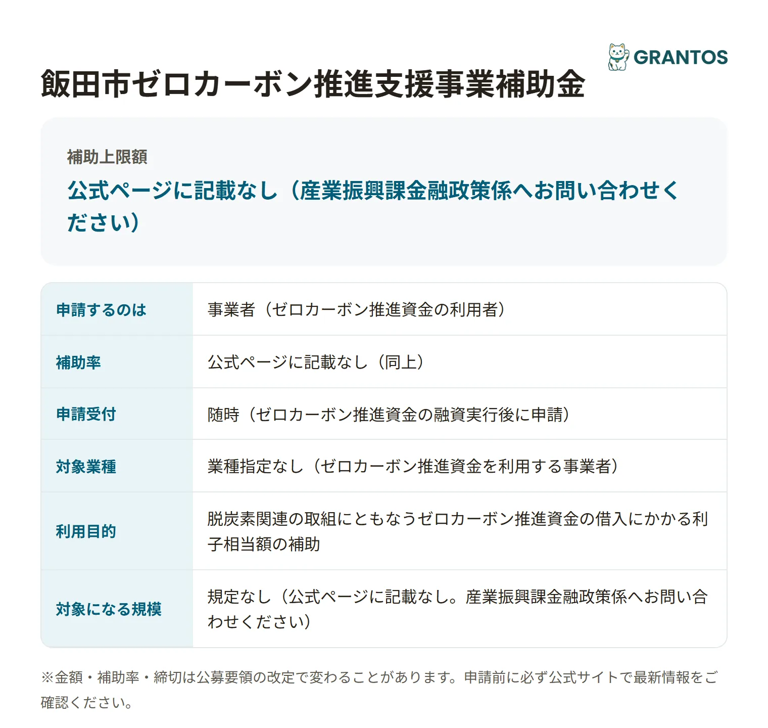 飯田市ゼロカーボン推進支援事業補助金の対象・金額・締切の概要