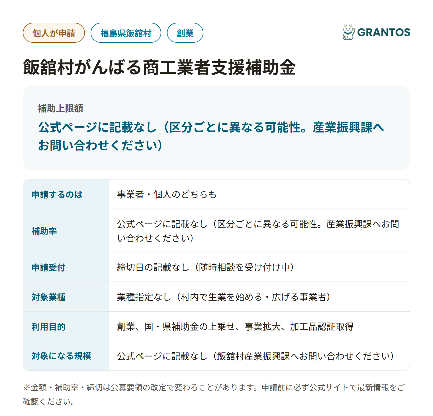飯舘村がんばる商工業者支援補助金の対象・金額・締切の概要
