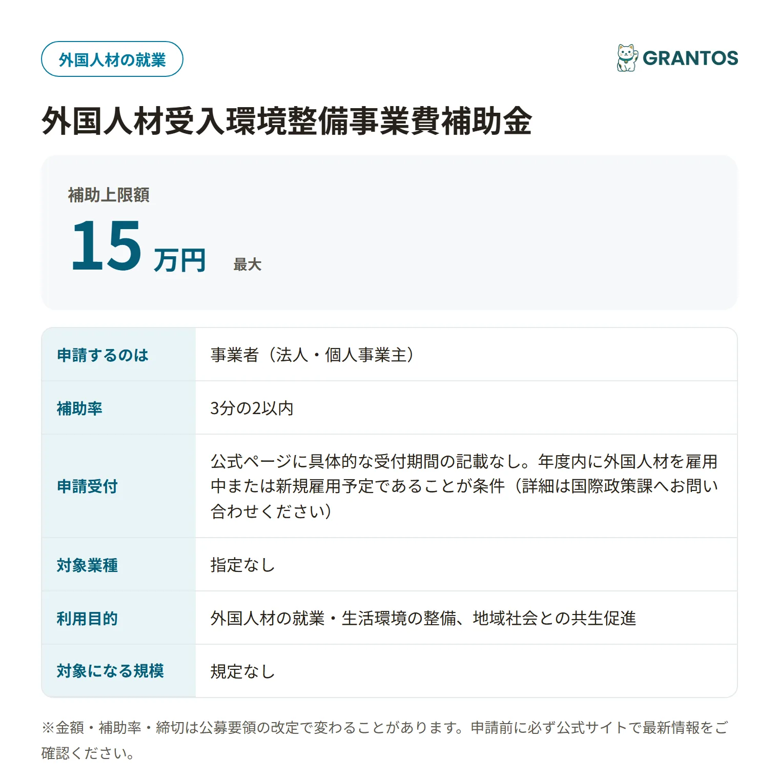 外国人材受入環境整備補助金の対象・金額・締切の概要