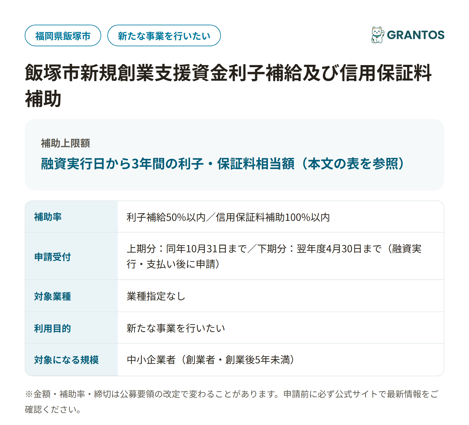 飯塚市新規創業支援資金利子補給及び信用保証料補助の対象・金額・締切の概要
