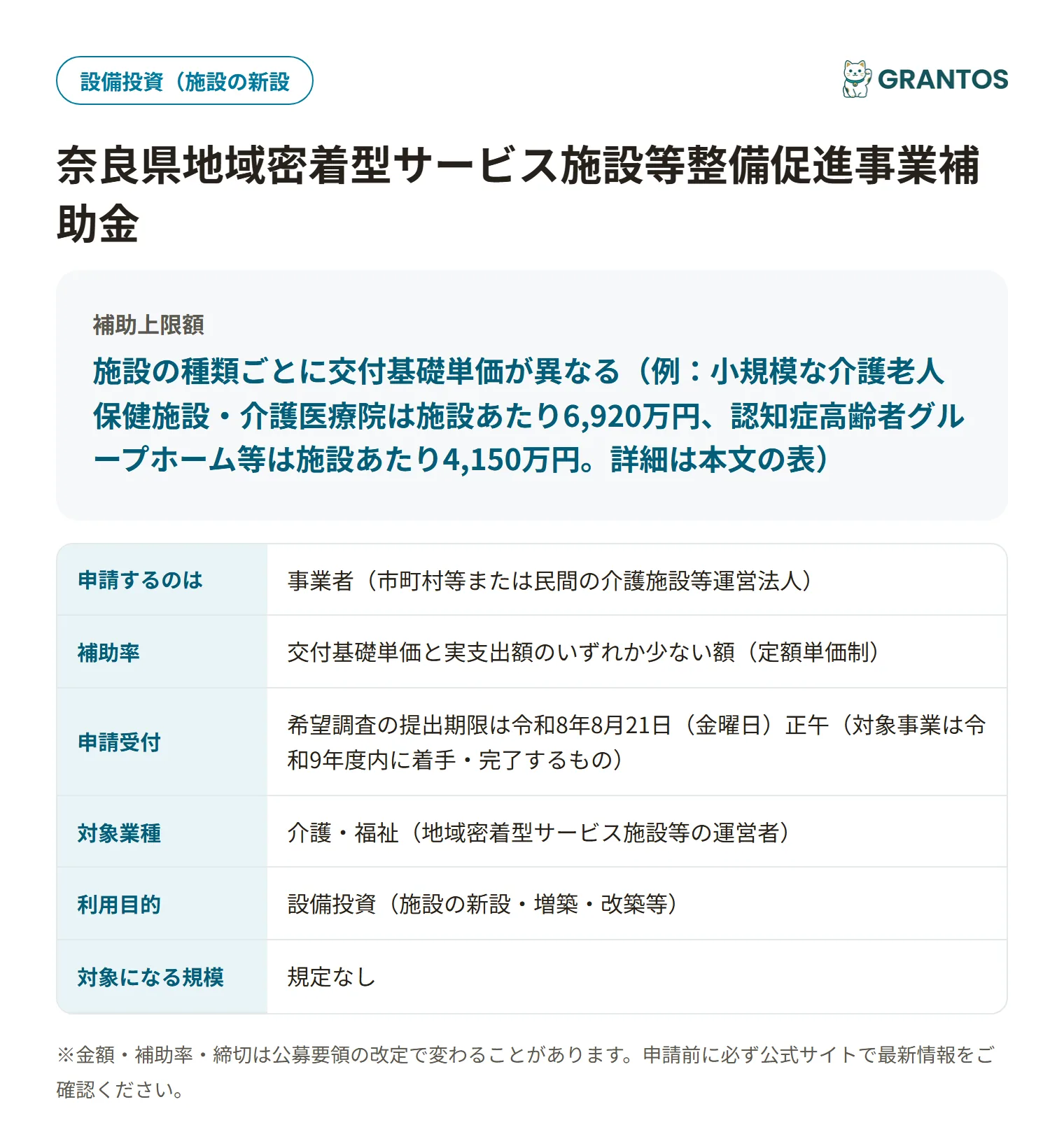 生駒市地域密着型サービス施設等整備促進事業補助金の対象・金額・締切の概要