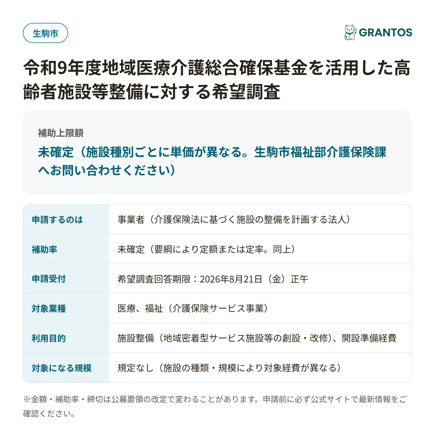 高齢者施設整備の希望調査の対象・金額・締切の概要