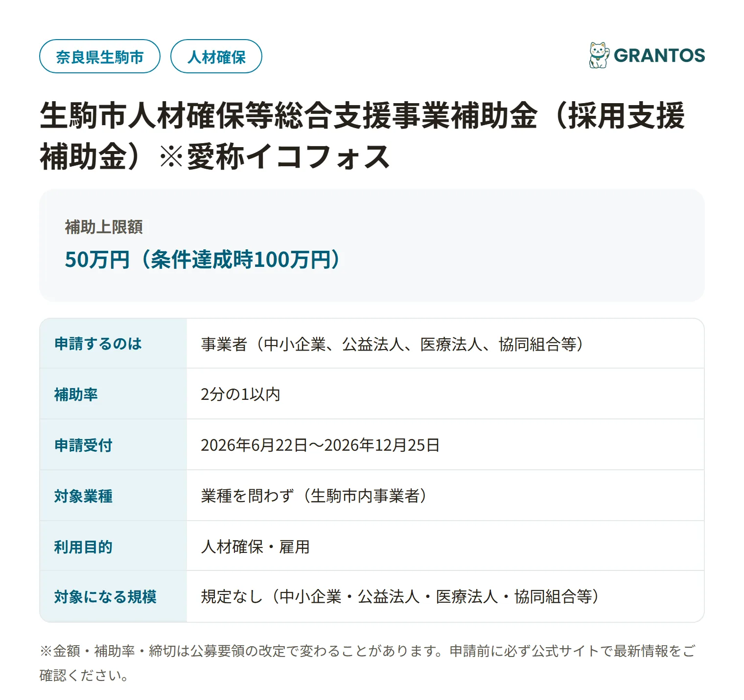 採用支援補助金の対象・金額・締切の概要