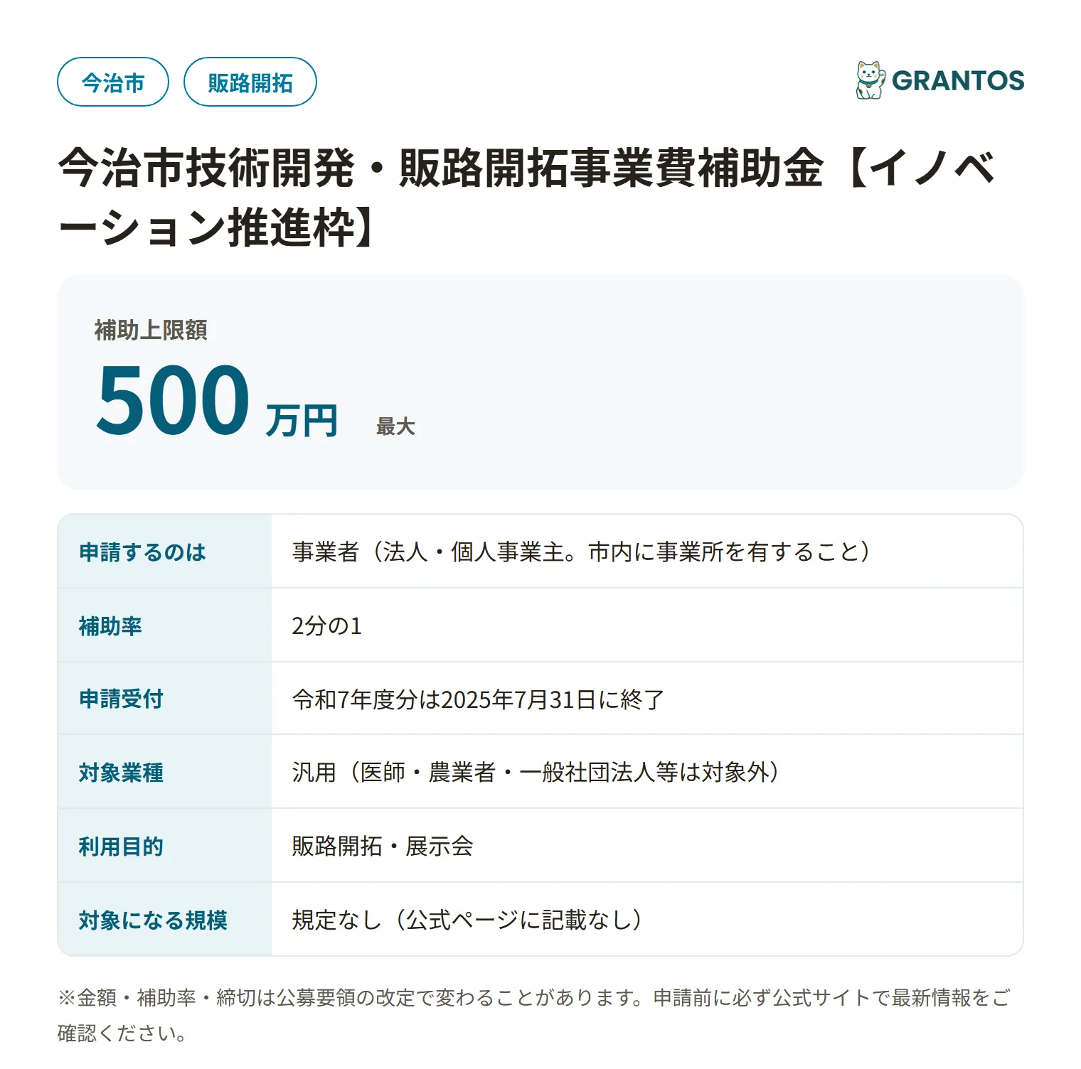 今治市技術開発・販路開拓事業費補助金(イノベーション推進枠)の対象・金額・締切の概要