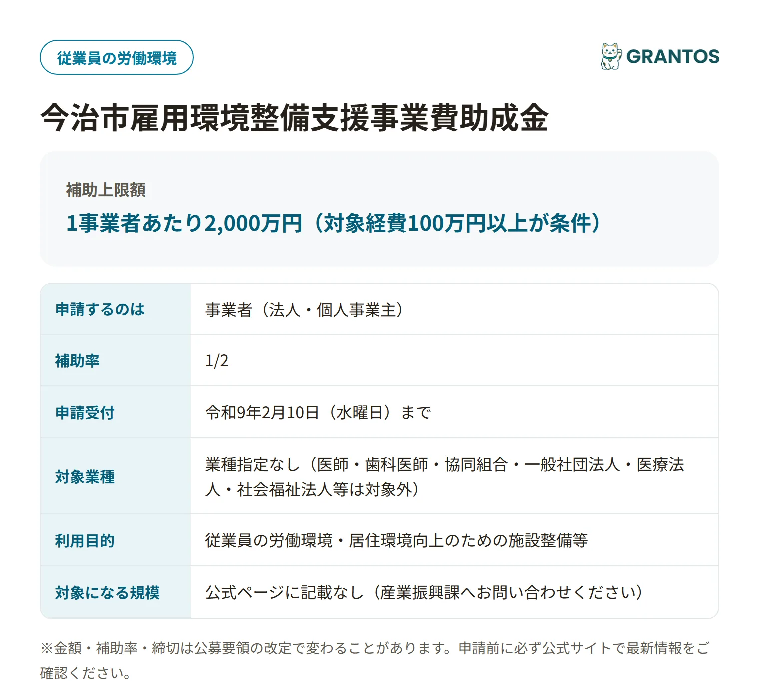 今治市雇用環境整備支援事業費助成金の対象・金額・締切の概要