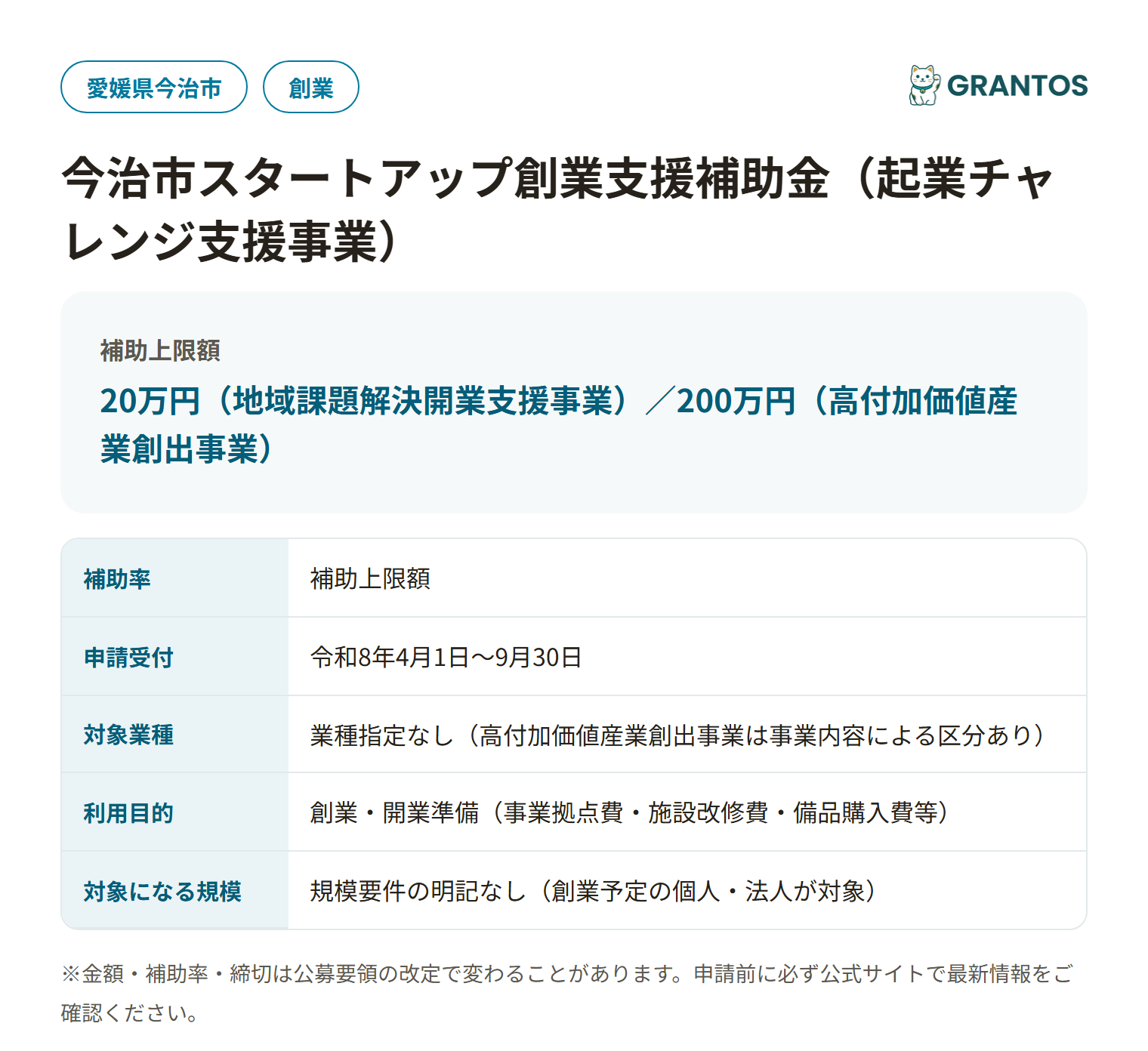 今治市スタートアップ創業支援補助金（起業チャレンジ支援事業）の対象・金額・締切の概要