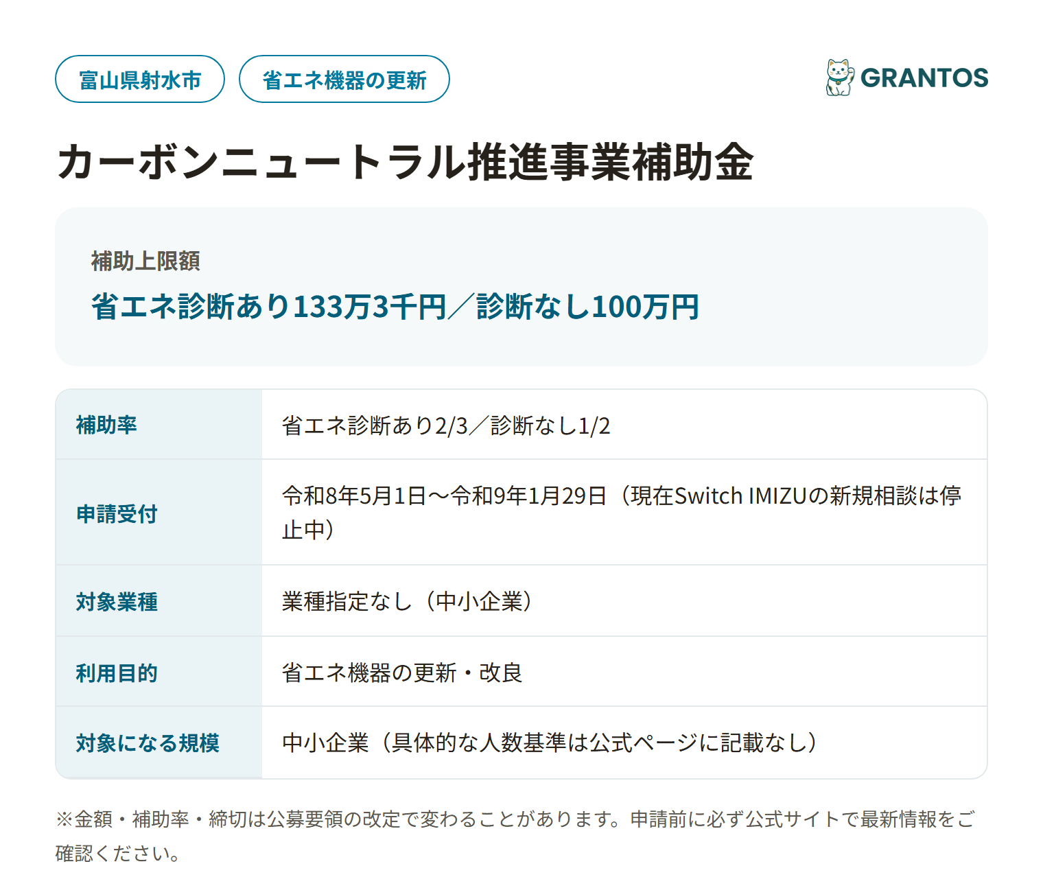 射水市カーボンニュートラル推進事業補助金の対象・金額・締切の概要