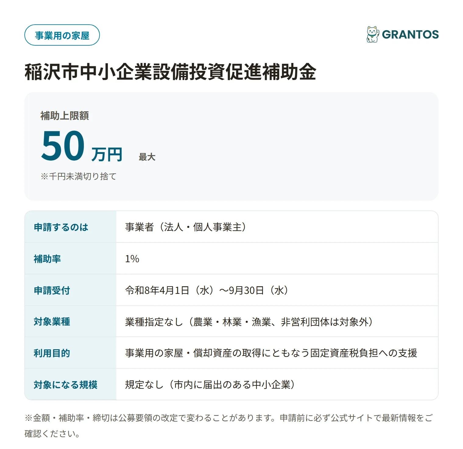 稲沢市中小企業設備投資促進補助金の対象・金額・締切の概要