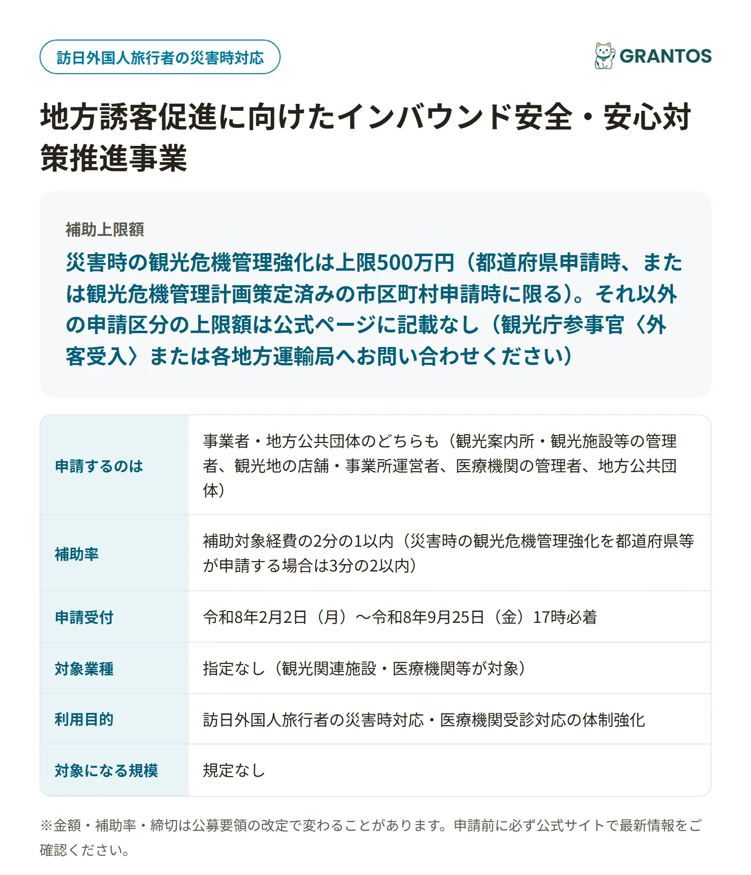 インバウンド安全・安心対策推進事業の対象・金額・締切の概要