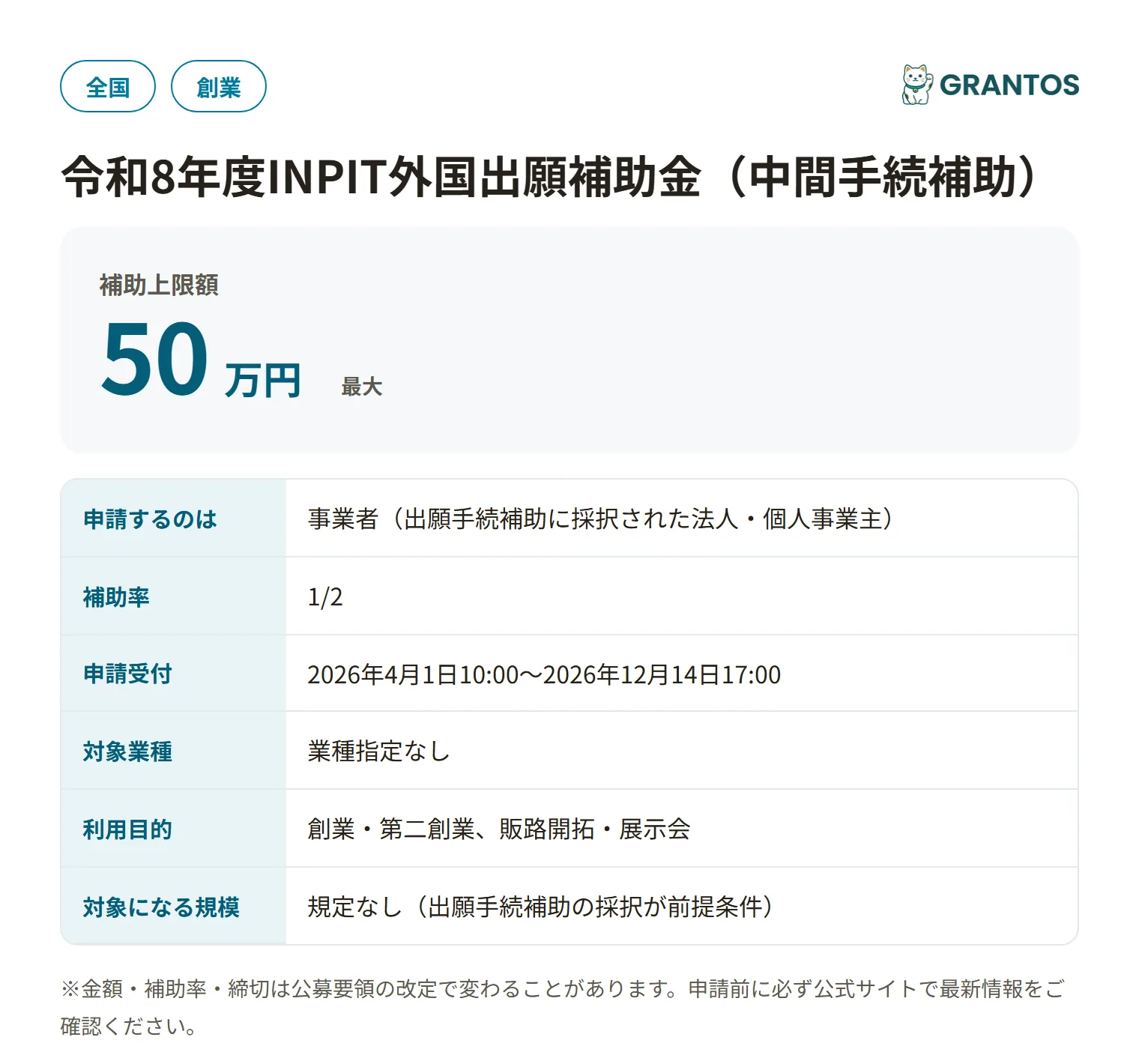 令和8年度INPIT外国出願補助金（中間手続補助）の対象・金額・締切の概要