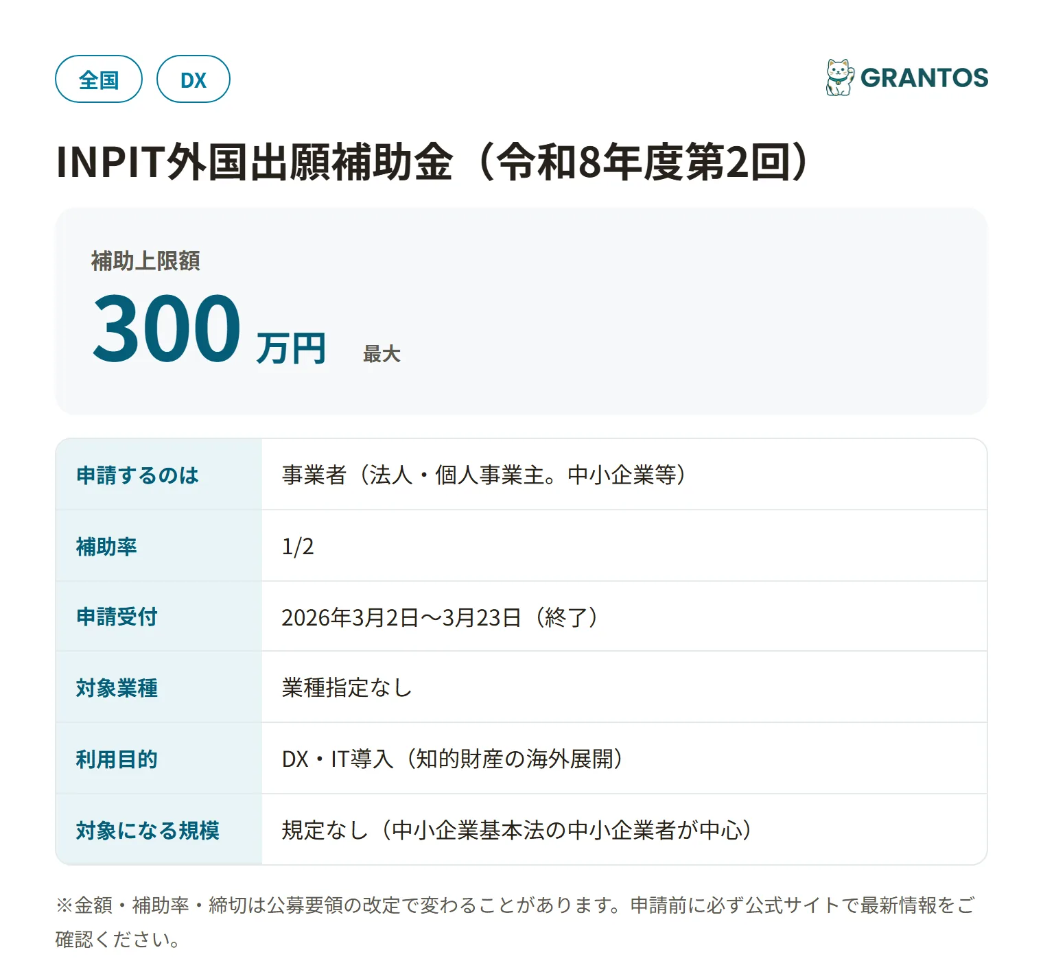 INPIT外国出願補助金（第2回）の対象・金額・締切の概要