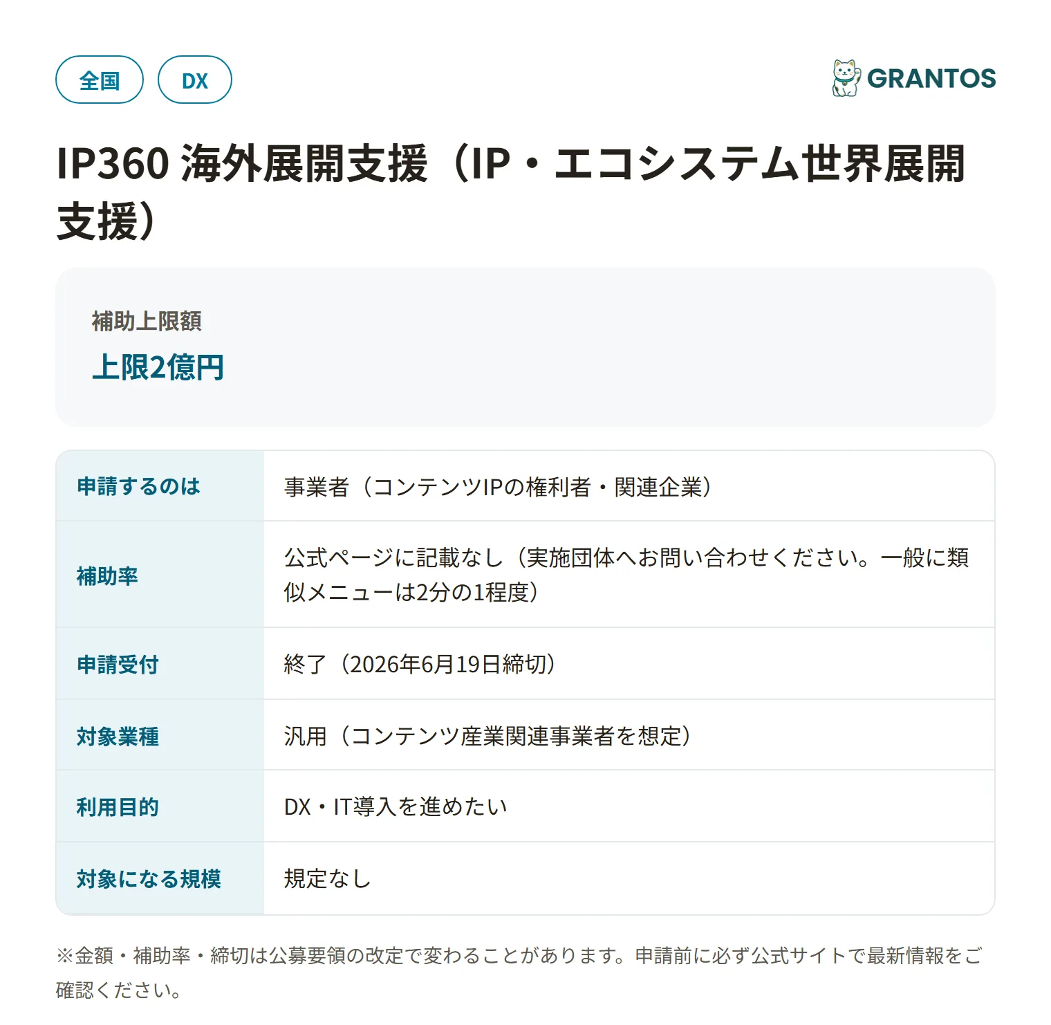 IP360海外展開支援の対象・金額・締切の概要