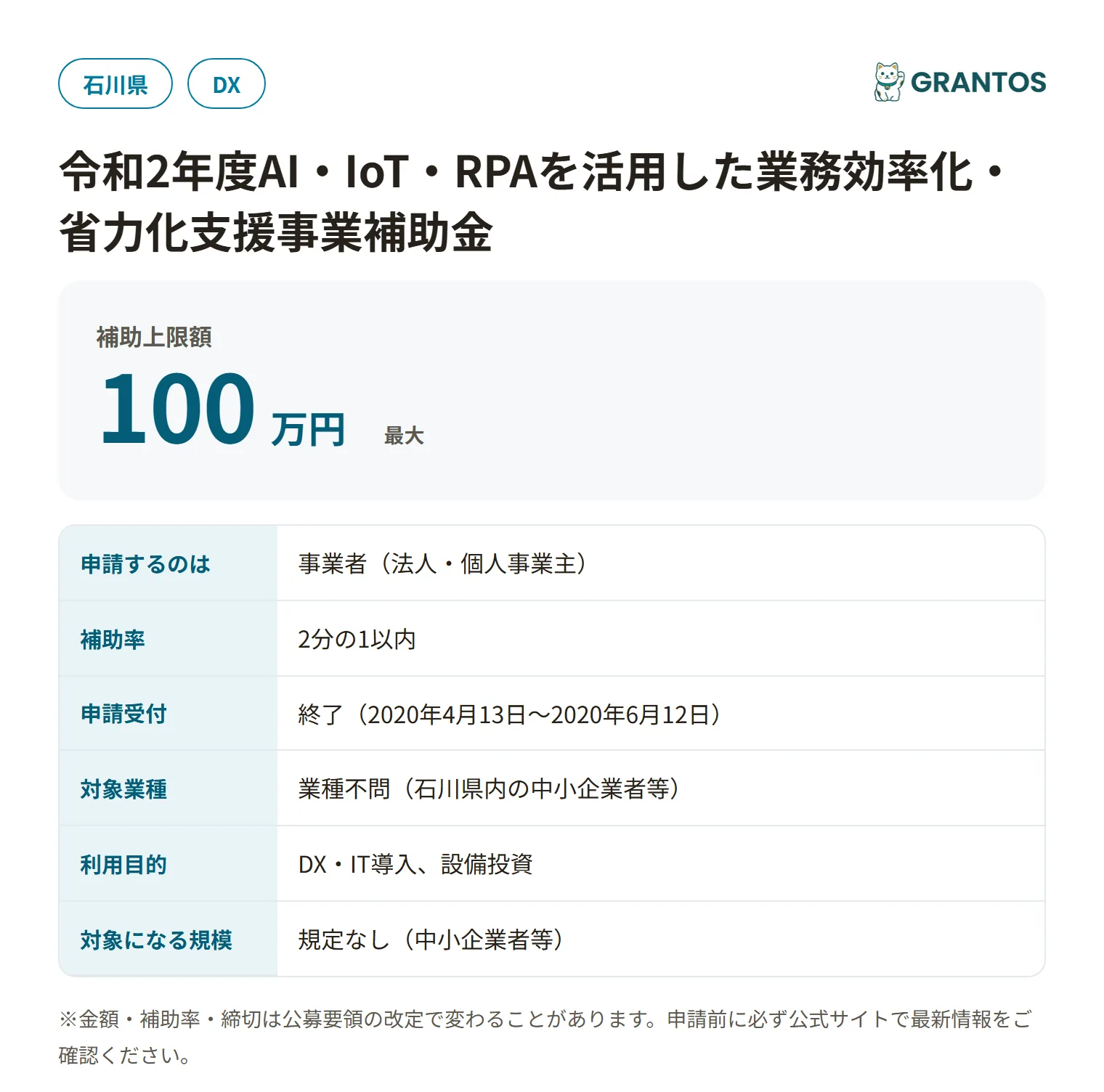 AI・IoT・RPA業務効率化支援補助金の対象・金額・締切の概要