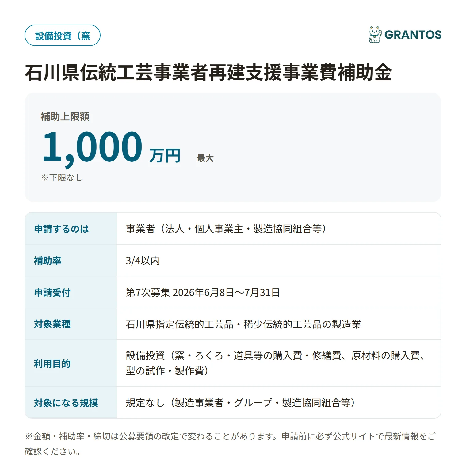 伝統工芸事業者再建支援補助金の対象・金額・締切の概要