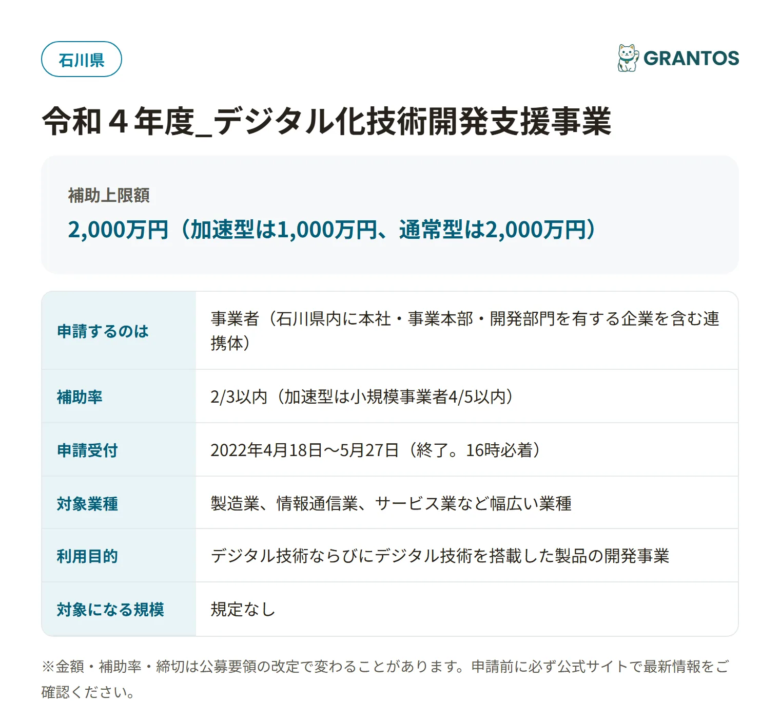 石川県デジタル化技術開発支援事業補助金の対象・金額・締切の概要