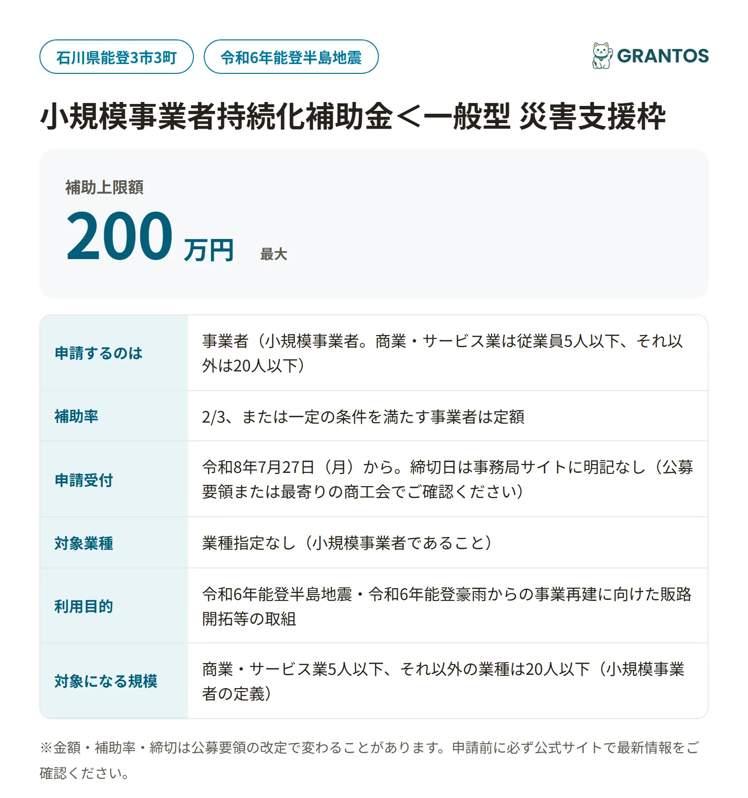 小規模事業者持続化補助金(災害支援枠)商工会地区10次公募の対象・金額・締切の概要