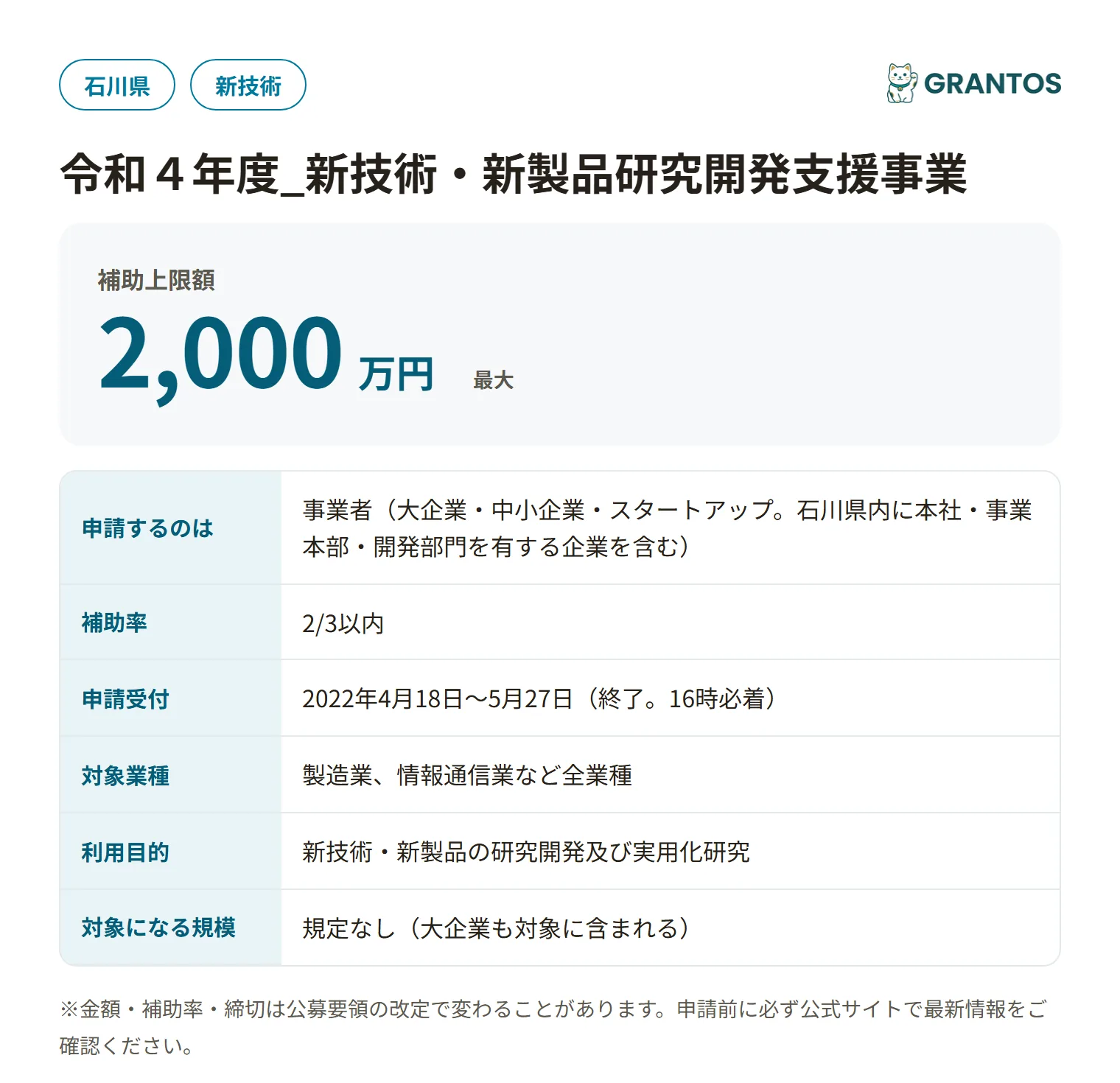 石川県新技術・新製品研究開発支援事業補助金の対象・金額・締切の概要
