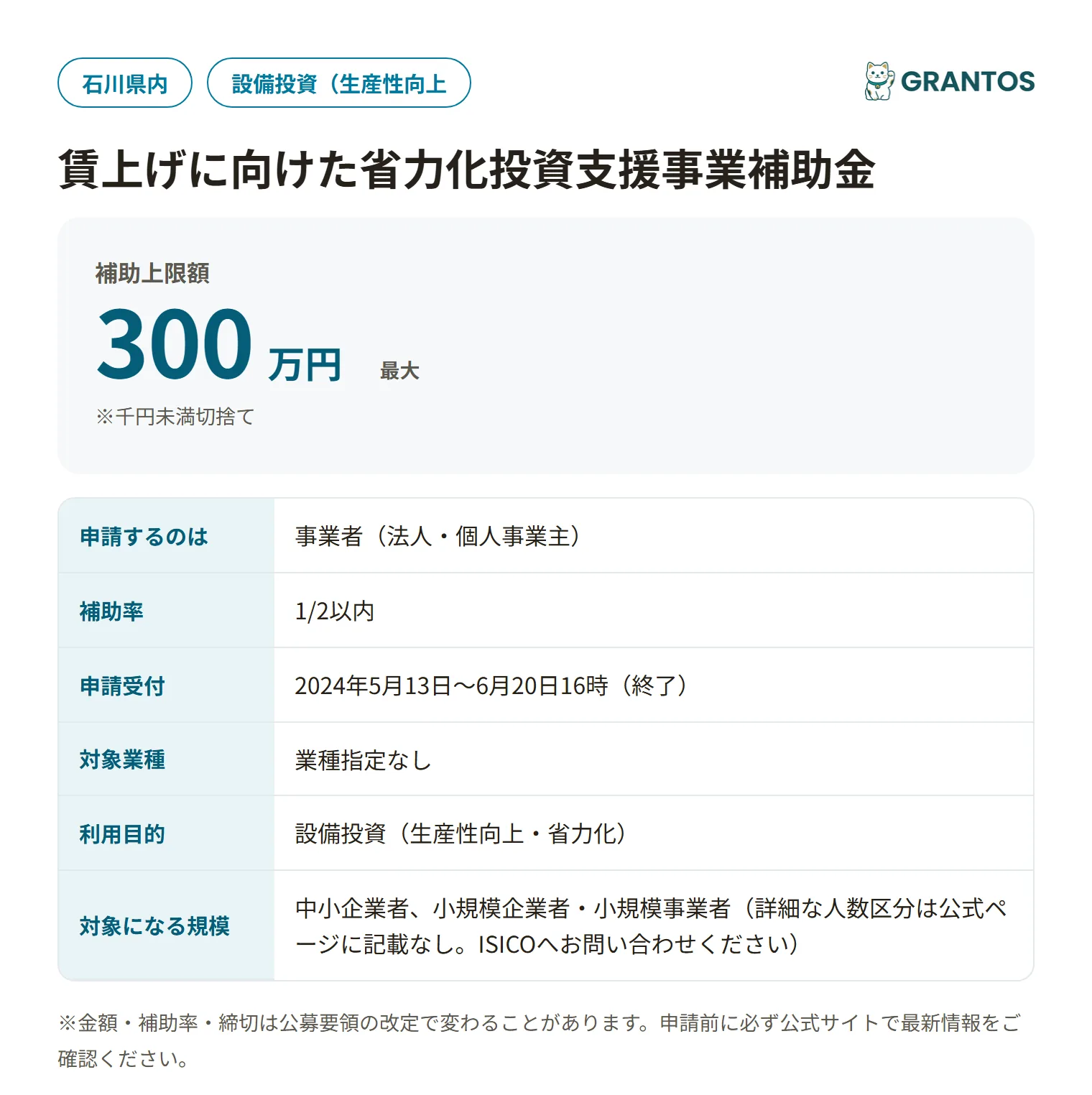 賃上げに向けた省力化投資支援事業補助金の対象・金額・締切の概要