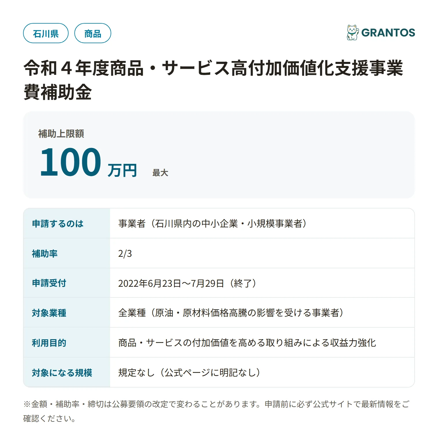 石川県商品・サービス高付加価値化支援事業費補助金の対象・金額・締切の概要