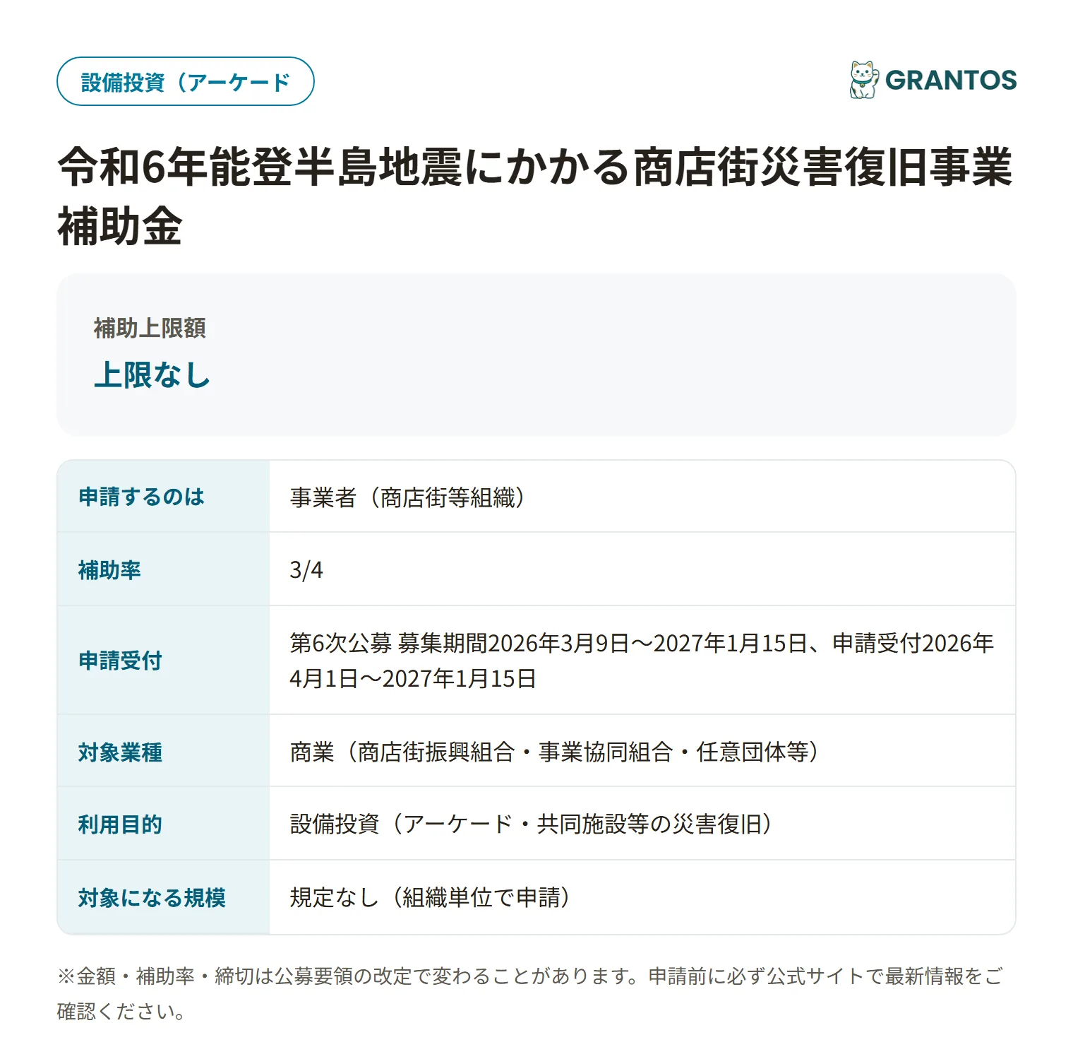 商店街災害復旧補助金の対象・金額・締切の概要