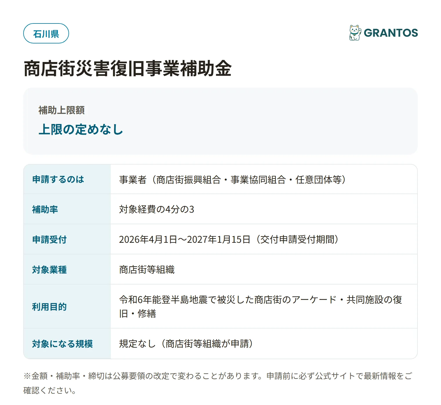石川県商店街災害復旧事業補助金の対象・金額・締切の概要