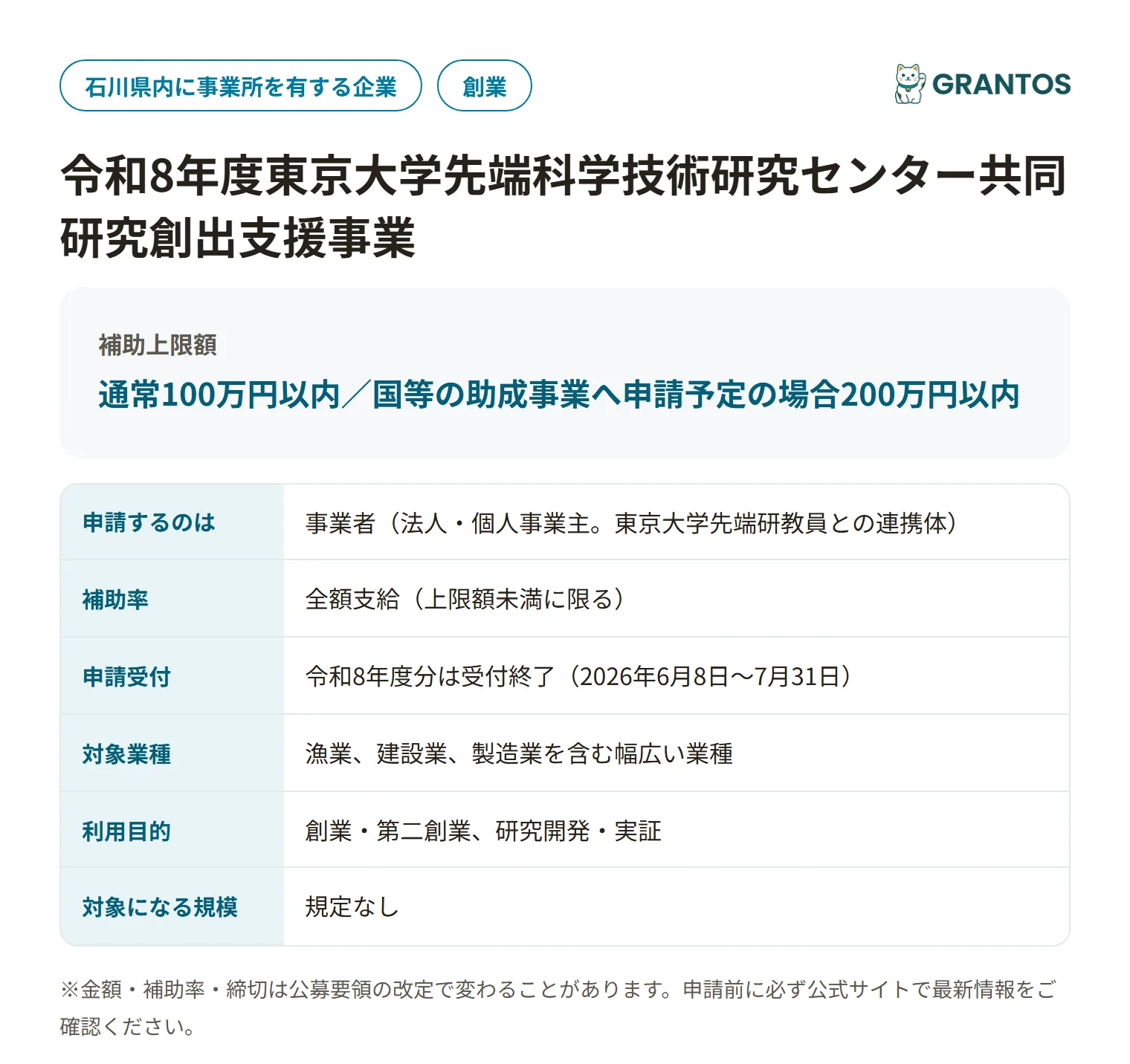 石川県東大先端研共同研究創出支援事業の対象・金額・締切の概要