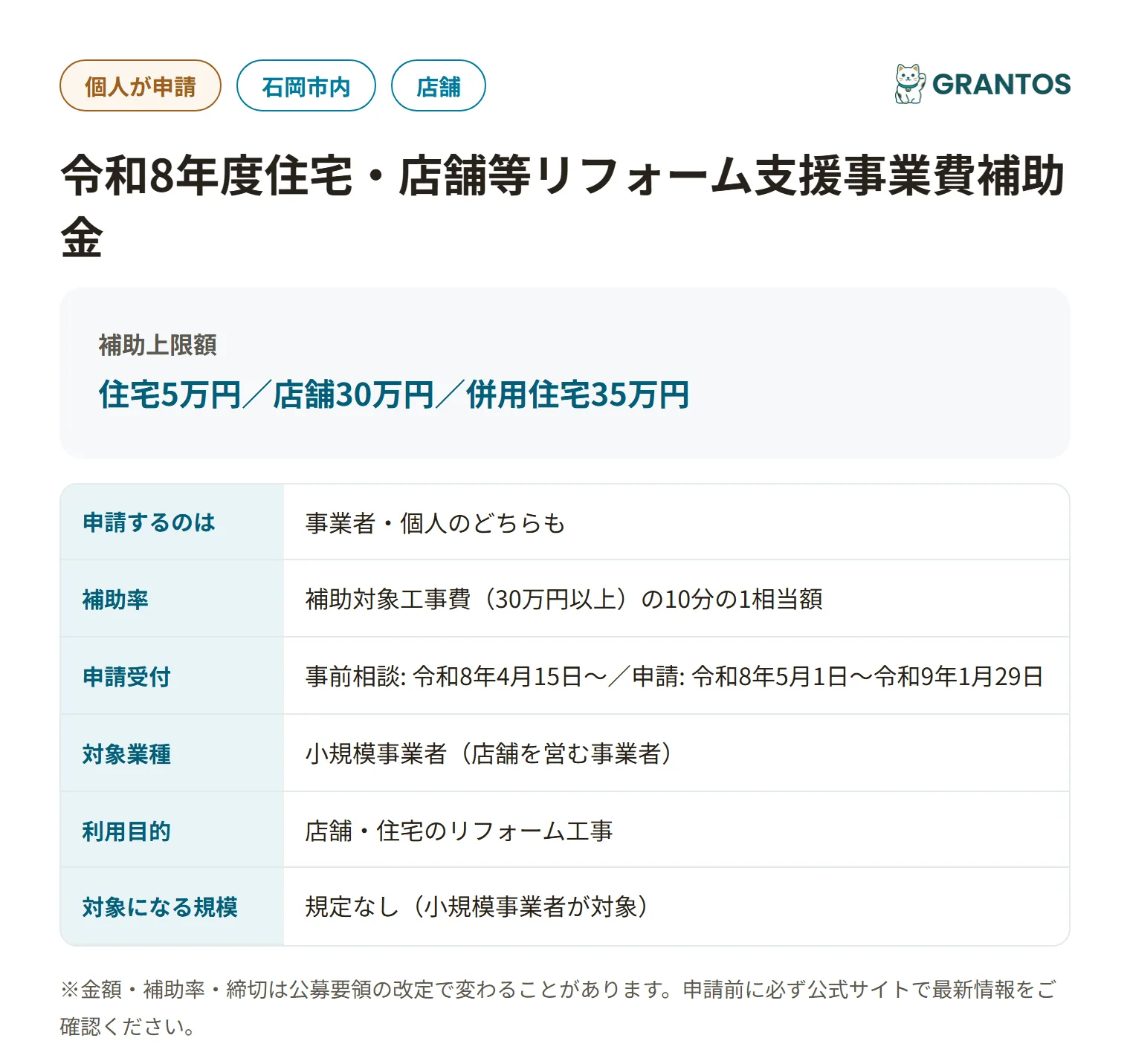 石岡市住宅・店舗等リフォーム支援事業費補助金の対象・金額・締切の概要