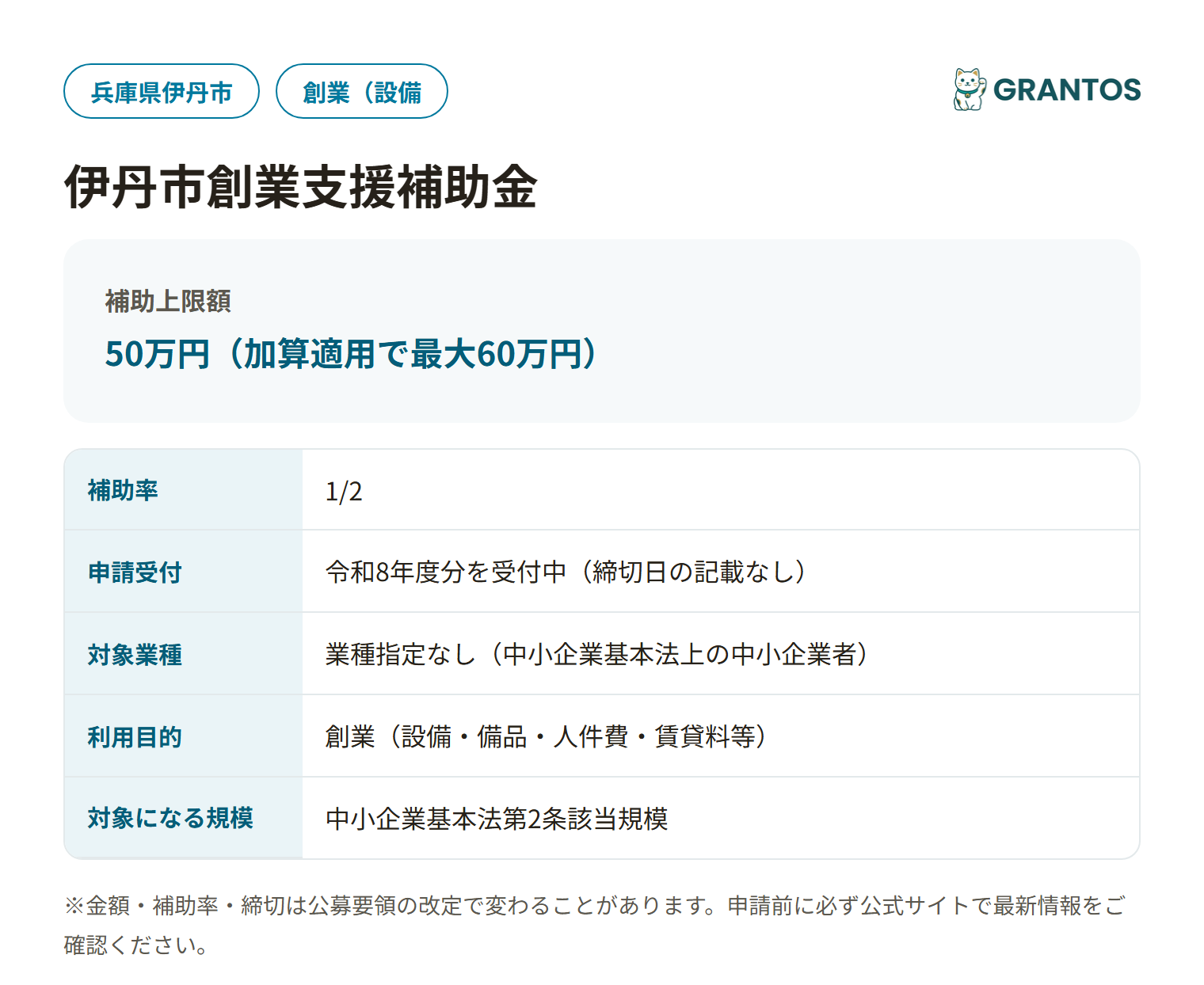伊丹市創業支援補助金の対象・金額・締切の概要