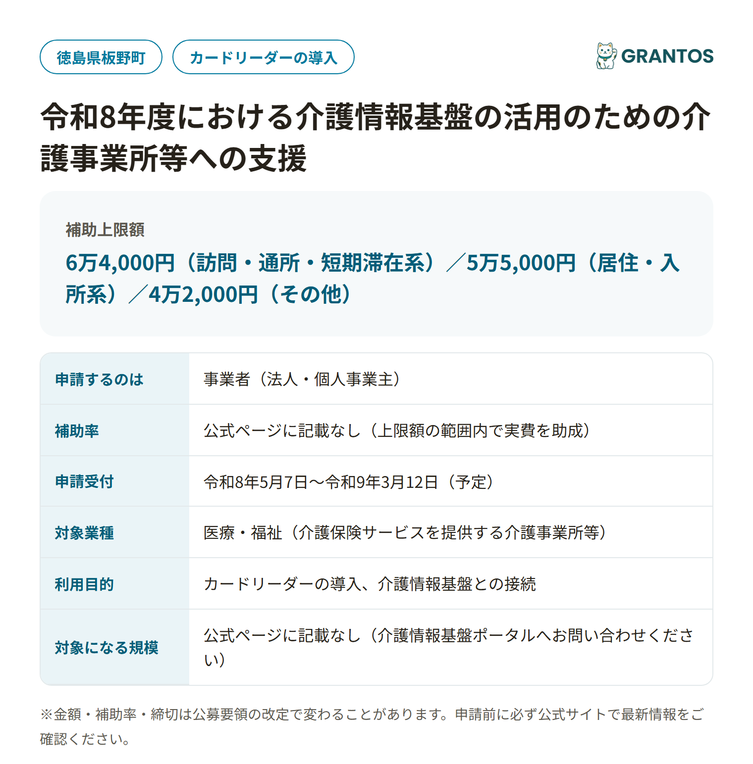 板野町介護情報基盤の活用支援の対象・金額・締切の概要
