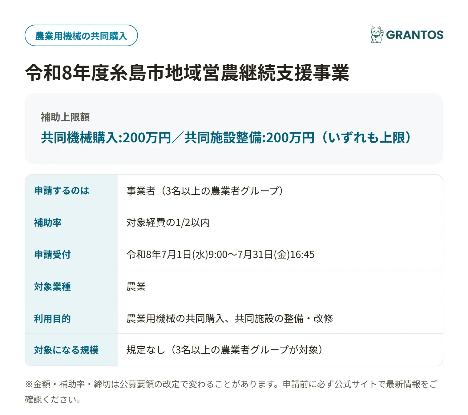 地域営農継続支援事業の対象・金額・締切の概要