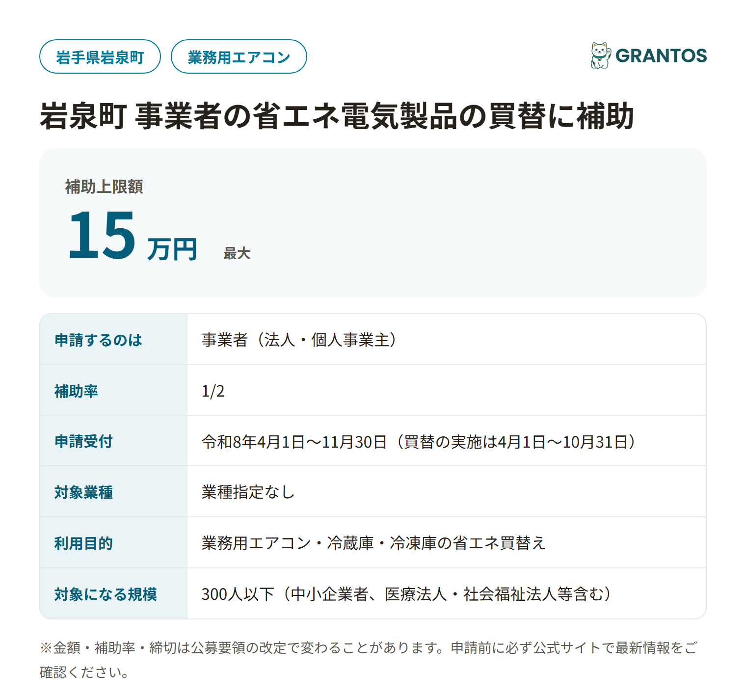 岩泉町 事業者の省エネ電気製品の買替に補助の対象・金額・締切の概要