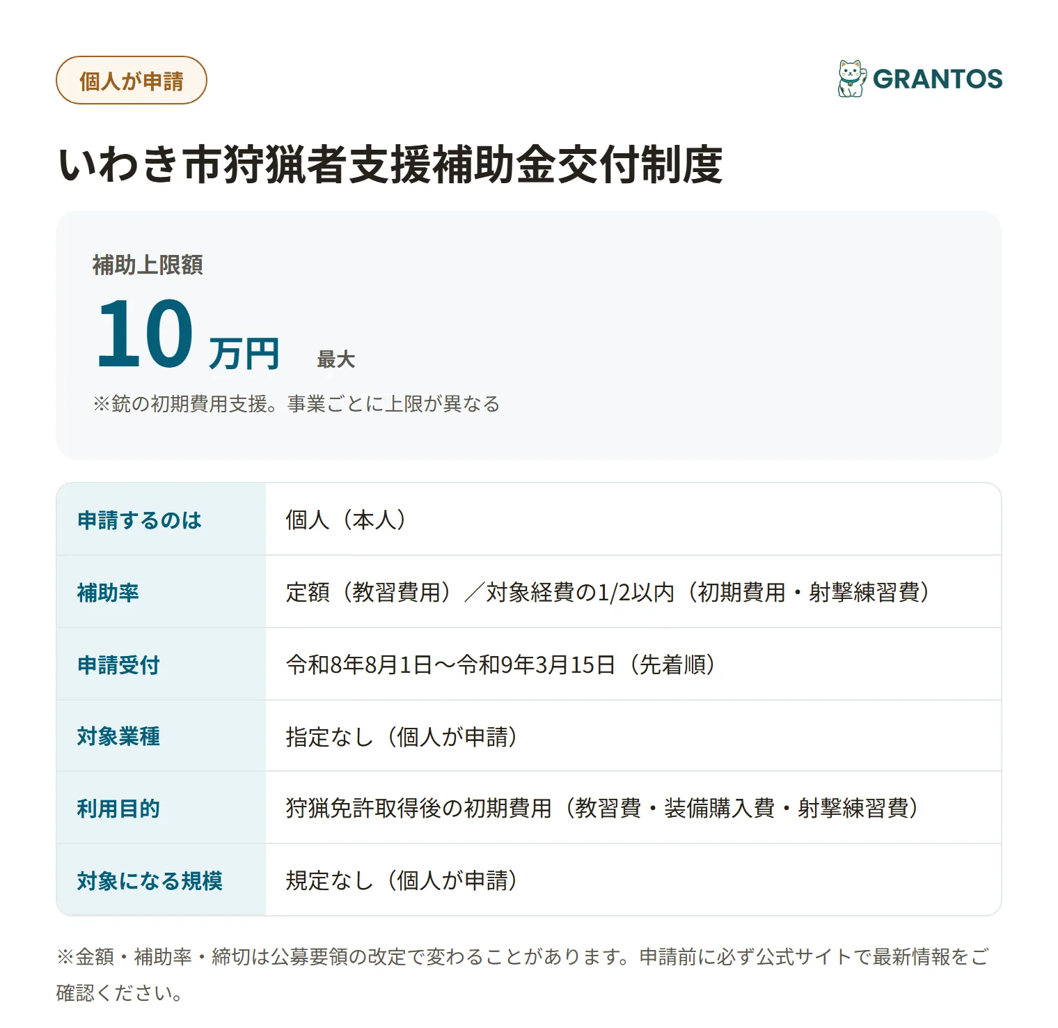 いわき市狩猟者支援補助金の対象・金額・締切の概要