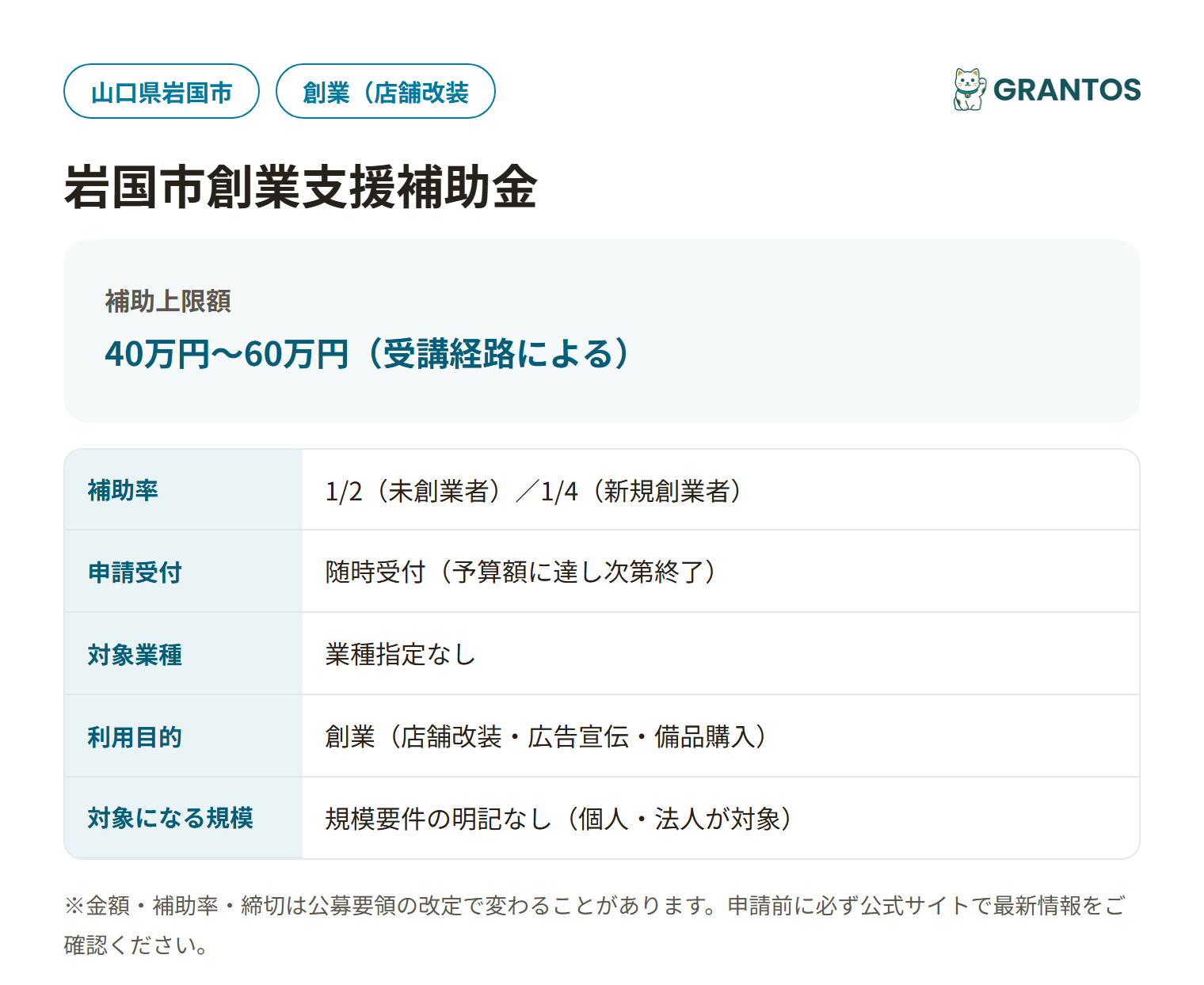 岩国市創業支援補助金の対象・金額・締切の概要