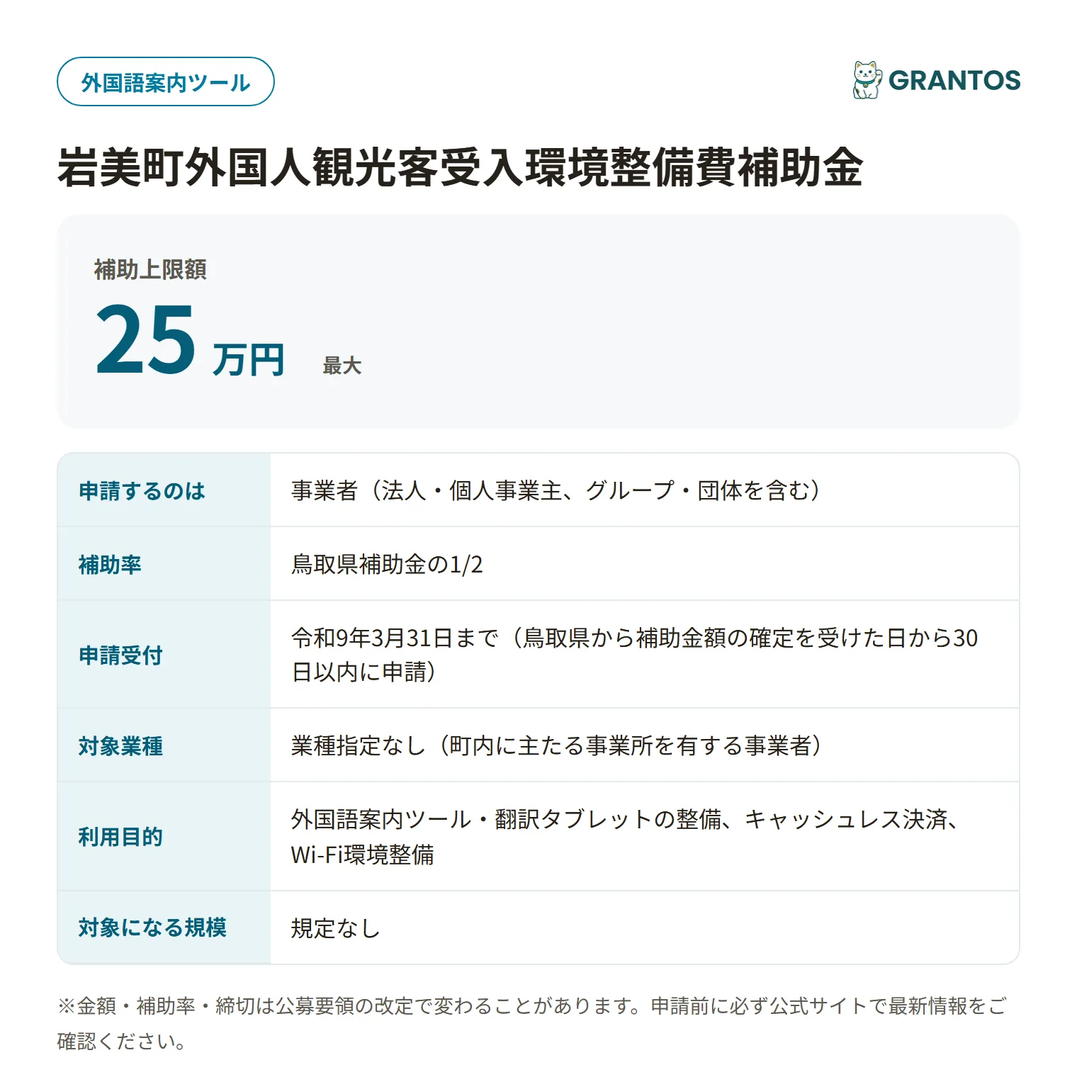 岩美町外国人観光客受入環境整備費補助金の対象・金額・締切の概要