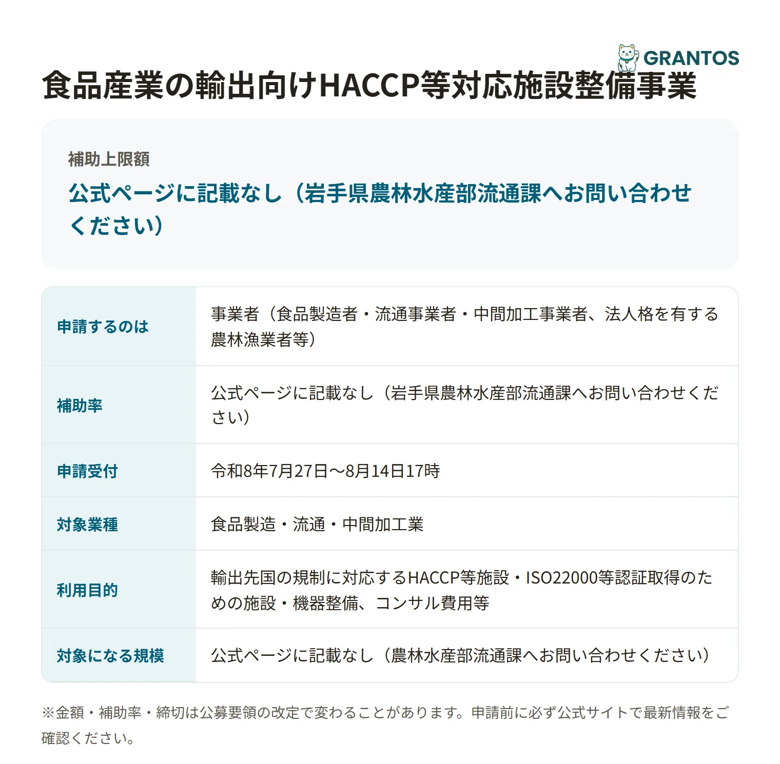 食品産業の輸出向けHACCP等対応施設整備事業の対象・金額・締切の概要