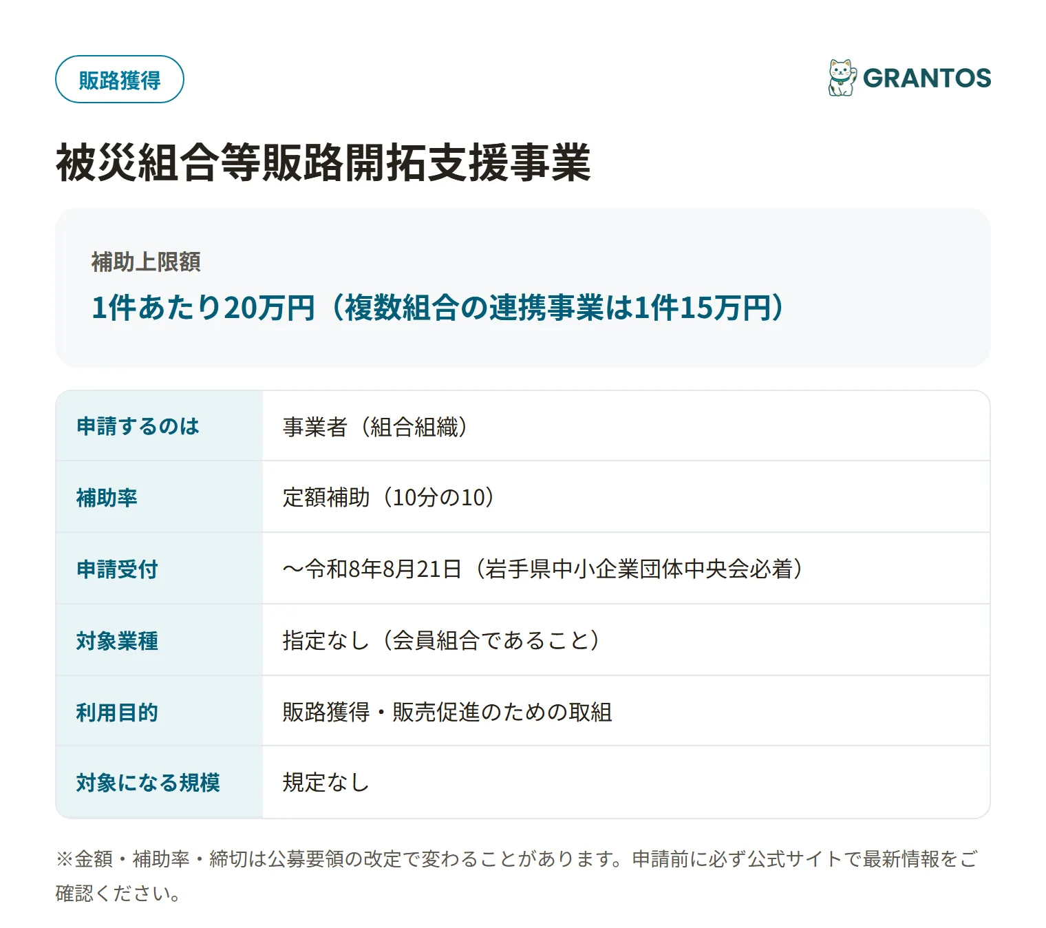 被災組合等販路開拓支援事業の対象・金額・締切の概要