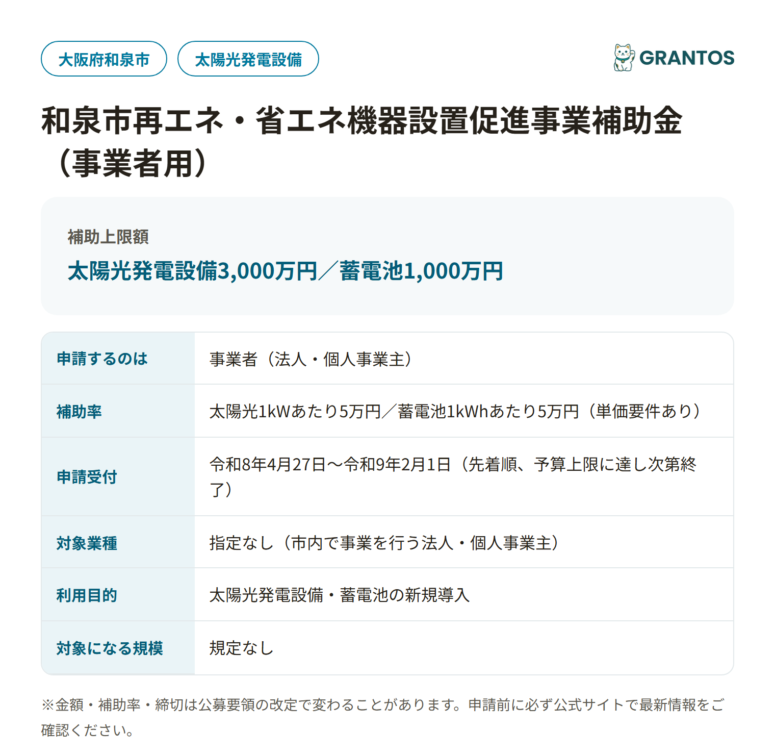 和泉市再エネ・省エネ機器設置促進事業補助金の対象・金額・締切の概要