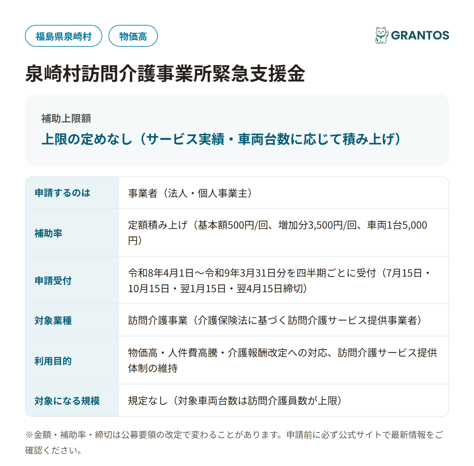泉崎村訪問介護事業所緊急支援金の対象・金額・締切の概要