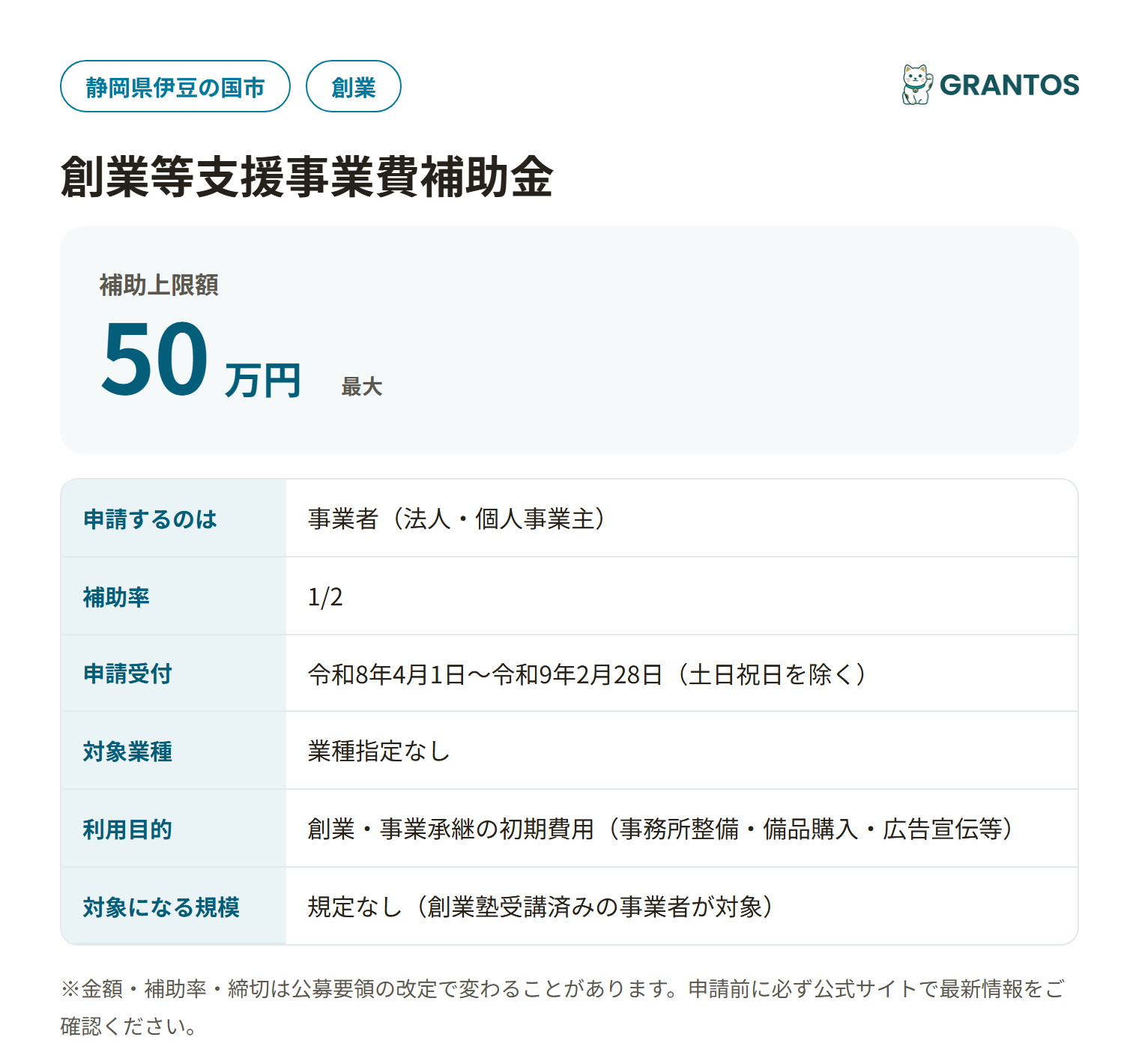 伊豆の国市創業等支援事業費補助金の対象・金額・締切の概要