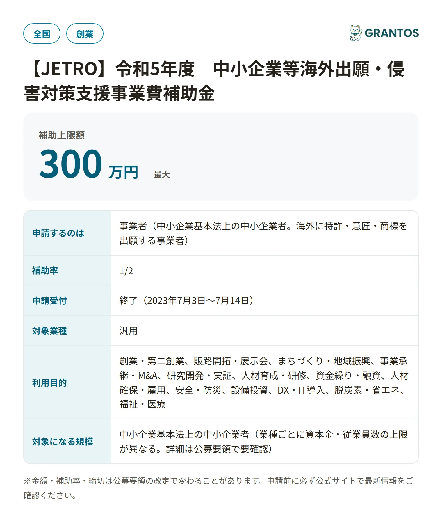 中小企業等海外出願・侵害対策支援事業費補助金（中小企業等外国出願支援事業・第2回・令和5年度）の対象・金額・締切の概要