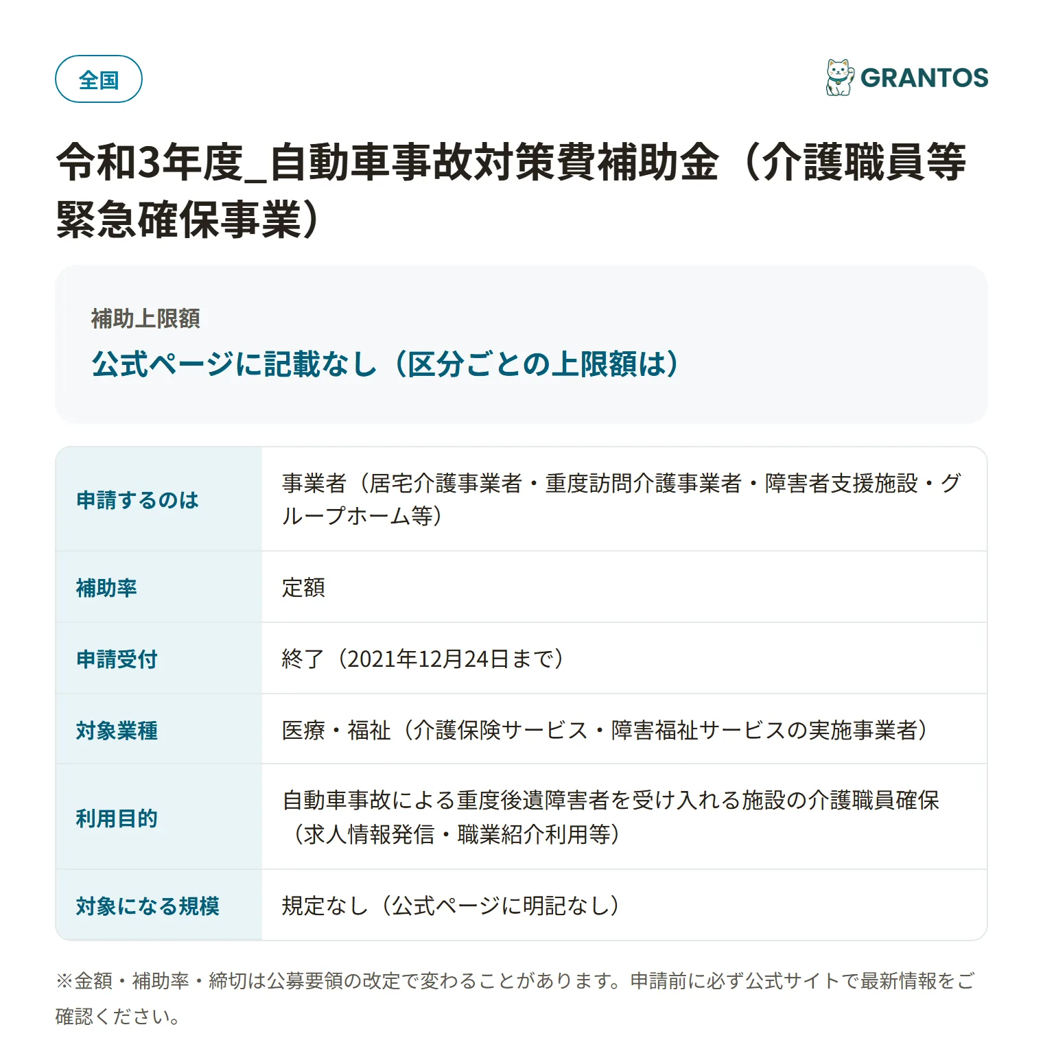 自動車事故対策費補助金(介護職員等確保)の対象・金額・締切の概要