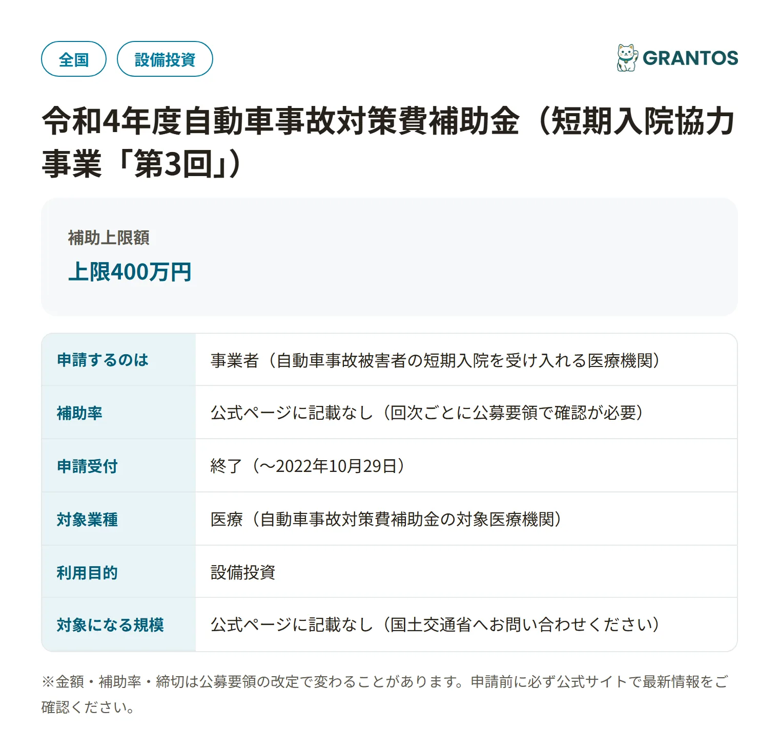 自動車事故対策費補助金(短期入院協力事業・第3回)の対象・金額・締切の概要