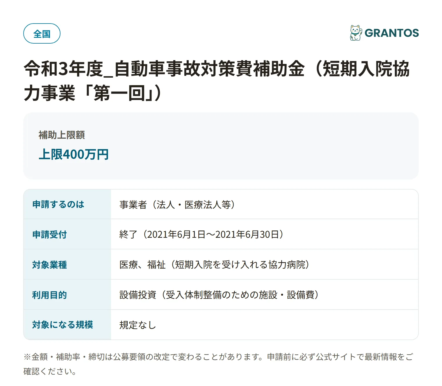 自動車事故対策費補助金(短期入院協力事業)の対象・金額・締切の概要
