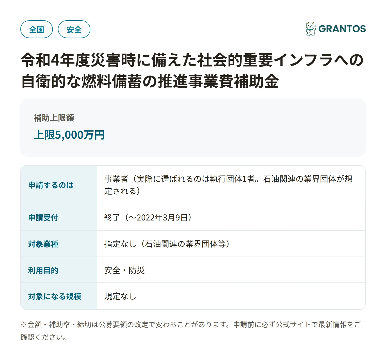燃料備蓄普及啓発補助金の対象・金額・締切の概要