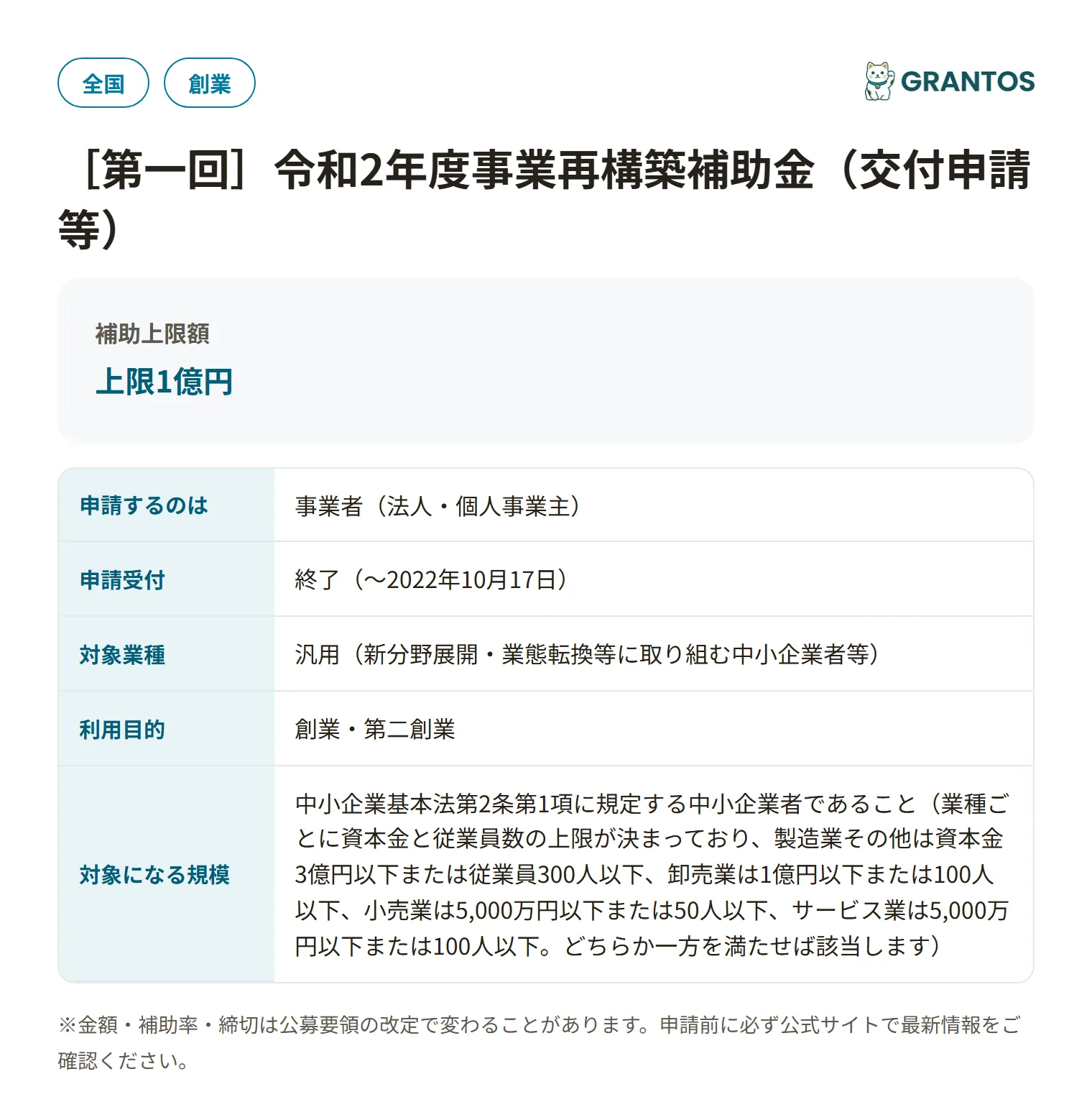 事業再構築補助金（第一回・交付申請等）の対象・金額・締切の概要