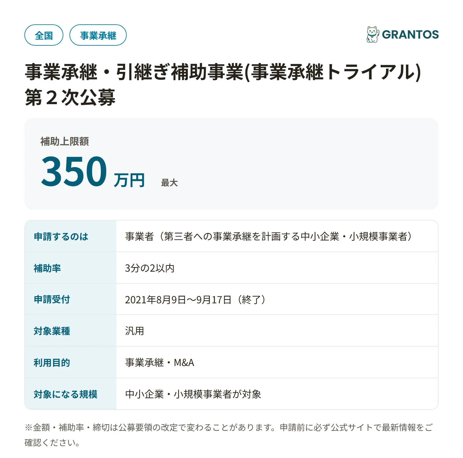 事業承継・引継ぎ補助事業（事業承継トライアル）第2次公募の対象・金額・締切の概要